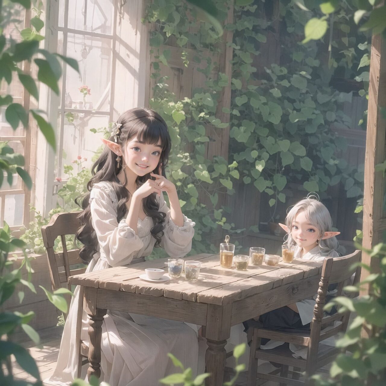 A dark but beautiful morning background. The air is clear and mysterious, lit by the morning sun, enhancing the fantastic atmosphere.
A fantastic world,

Four 18 year old elf kawaii girls are sitting around a rustic wooden table,
On the table is a small dollhouse of elaborate design.
The girls sip elegant elf wine and reminisce. One girl smiles as she points to the dollhouse and shares a happy memory. Another girl gently touches a small piece of furniture in the dollhouse.

Their bluish-gray hair is cut stylishly short, creating a delicate, unkempt look. The girls have innocent, youthful expressions on their faces, smiling gently, cheeks flushed and smiling like idols.


This image uses an f/1.2 lens and shallow depth of field to focus on their faces. This produces a high-resolution image and creates depth.
Natural light casts soft shadows, highlighting the mature, youthful beauty of the girls and the delicate details of their elegant outfits.