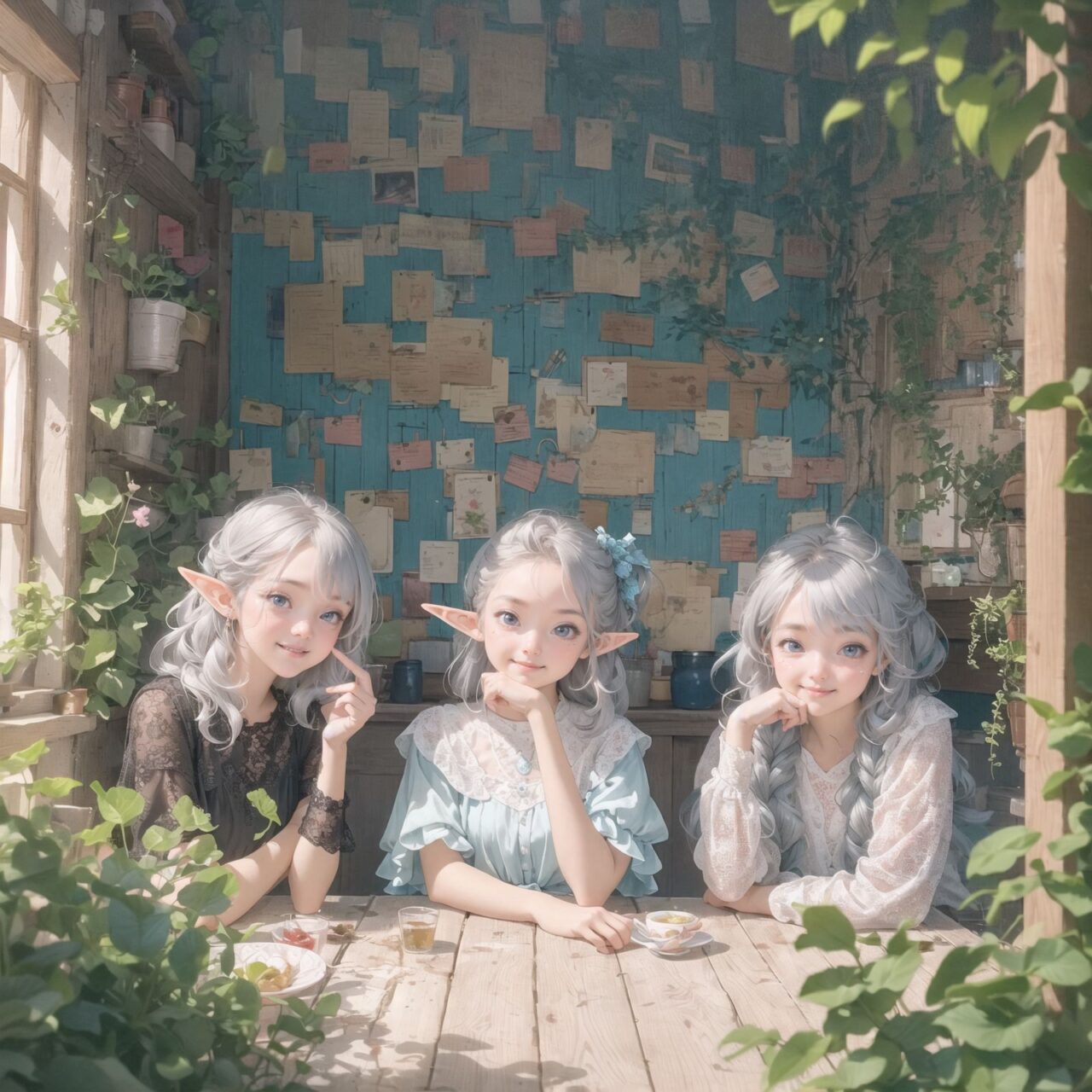 A dark but beautiful morning background. The air is clear and mysterious, lit by the morning sun, enhancing the fantastic atmosphere.
A fantastic world,

Four 18 year old elf kawaii girls are sitting around a rustic wooden table,
On the table is a small dollhouse of elaborate design.
The girls sip elegant elf wine and reminisce. One girl smiles as she points to the dollhouse and shares a happy memory. Another girl gently touches a small piece of furniture in the dollhouse.

Their bluish-gray hair is cut stylishly short, creating a delicate, unkempt look. The girls have innocent, youthful expressions on their faces, smiling gently, cheeks flushed and smiling like idols.


This image uses an f/1.2 lens and shallow depth of field to focus on their faces. This produces a high-resolution image and creates depth.
Natural light casts soft shadows, highlighting the mature, youthful beauty of the girls and the delicate details of their elegant outfits.