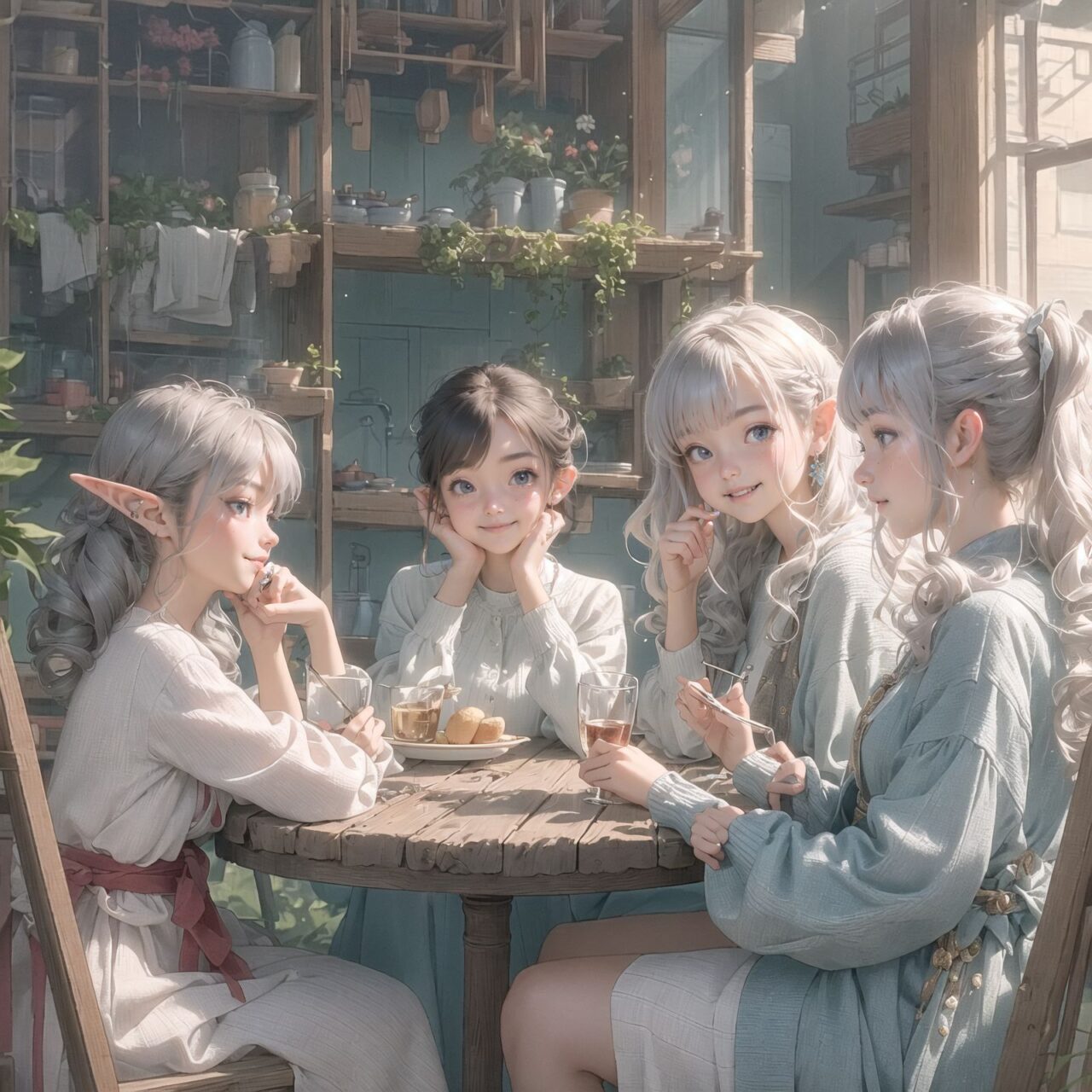 A dark but beautiful morning background. The air is clear and mysterious, lit by the morning sun, enhancing the fantastic atmosphere.
A fantastic world,

Four 18 year old elf kawaii girls are sitting around a rustic wooden table,
On the table is a small dollhouse of elaborate design.
The girls sip elegant elf wine and reminisce. One girl smiles as she points to the dollhouse and shares a happy memory. Another girl gently touches a small piece of furniture in the dollhouse.

Their bluish-gray hair is cut stylishly short, creating a delicate, unkempt look. The girls have innocent, youthful expressions on their faces, smiling gently, cheeks flushed and smiling like idols.


This image uses an f/1.2 lens and shallow depth of field to focus on their faces. This produces a high-resolution image and creates depth.
Natural light casts soft shadows, highlighting the mature, youthful beauty of the girls and the delicate details of their elegant outfits.