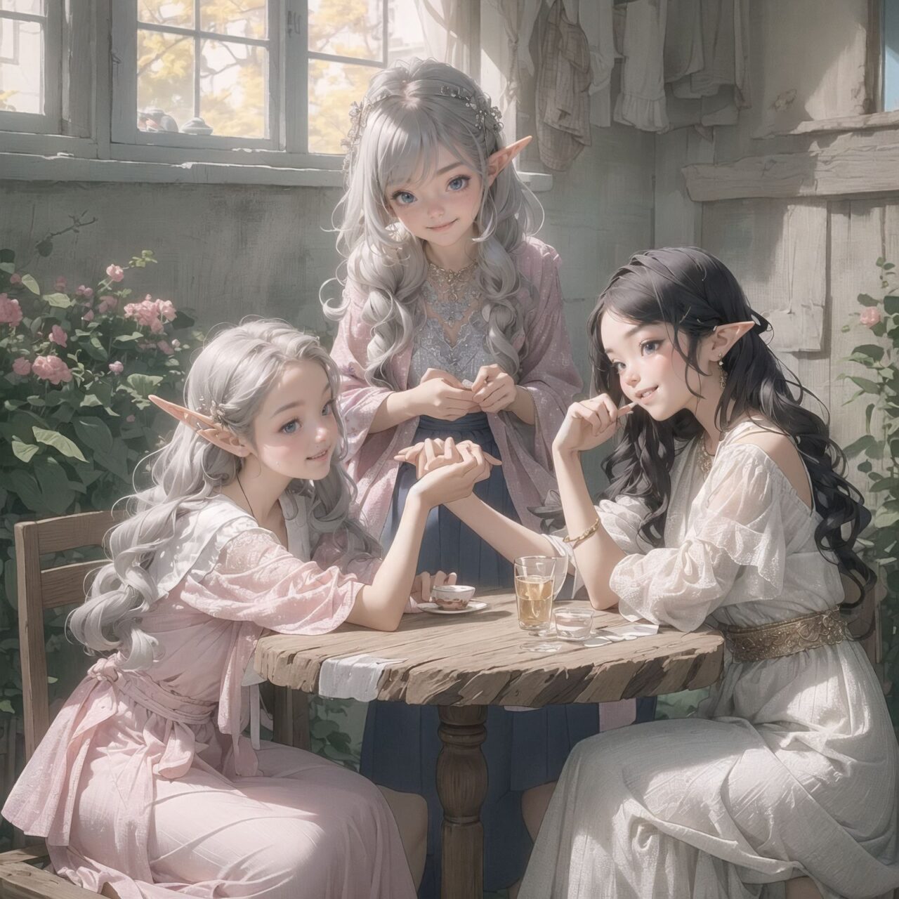 A dark but beautiful morning background. The air is clear and mysterious, lit by the morning sun, enhancing the fantastic atmosphere.
A fantastic world,

Four 18 year old elf kawaii girls are sitting around a rustic wooden table,
On the table is a small dollhouse of elaborate design.
The girls sip elegant elf wine and reminisce. One girl smiles as she points to the dollhouse and shares a happy memory. Another girl gently touches a small piece of furniture in the dollhouse.

Their bluish-gray hair is cut stylishly short, creating a delicate, unkempt look. The girls have innocent, youthful expressions on their faces, smiling gently, cheeks flushed and smiling like idols.


This image uses an f/1.2 lens and shallow depth of field to focus on their faces. This produces a high-resolution image and creates depth.
Natural light casts soft shadows, highlighting the mature, youthful beauty of the girls and the delicate details of their elegant outfits.