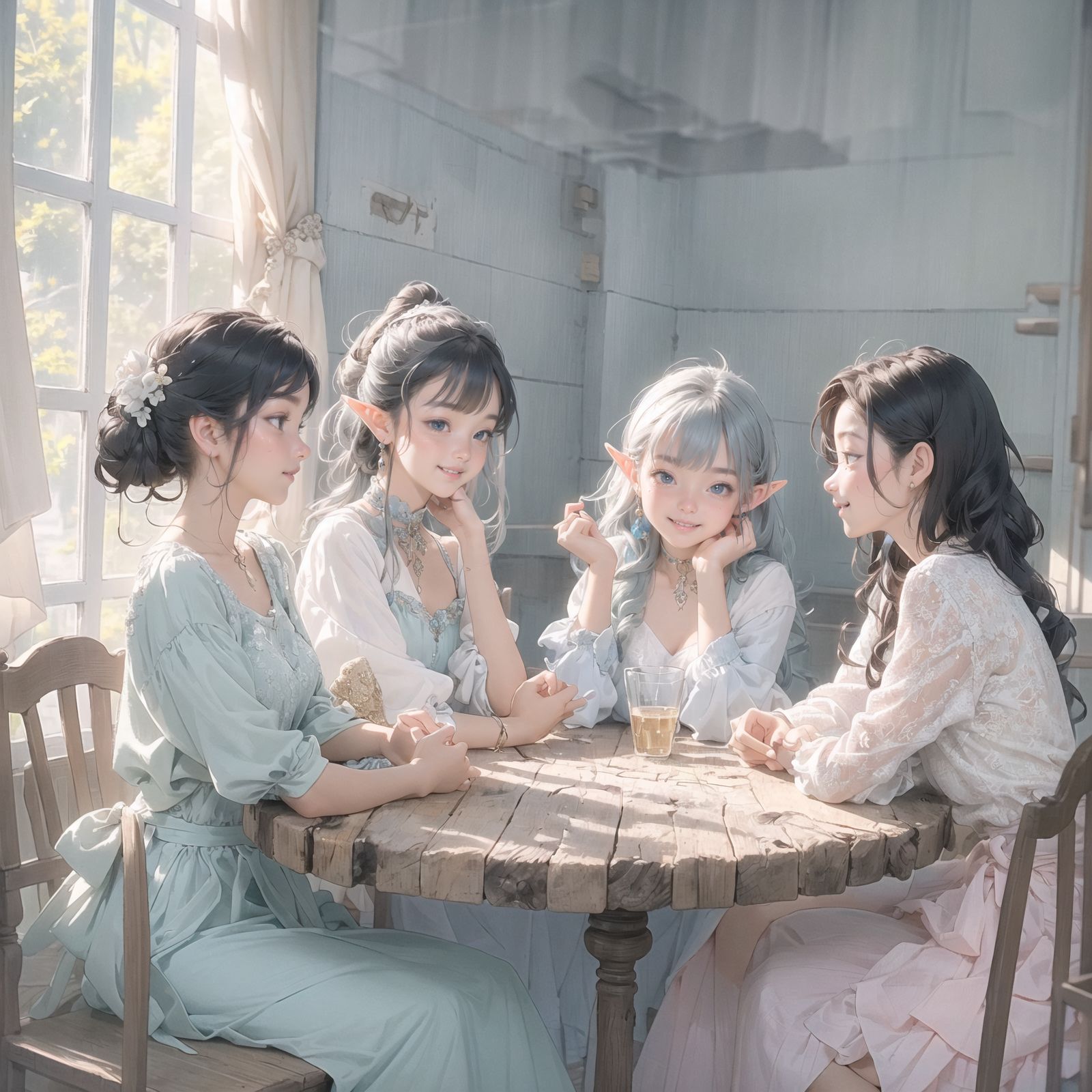 A dark but beautiful morning background. The air is clear and mysterious, lit by the morning sun, enhancing the fantastic atmosphere.
A fantastic world,

Four 18 year old elf kawaii girls are sitting around a rustic wooden table,
On the table is a small dollhouse of elaborate design.
The girls sip elegant elf wine and reminisce. One girl smiles as she points to the dollhouse and shares a happy memory. Another girl gently touches a small piece of furniture in the dollhouse.

Their bluish-gray hair is cut stylishly short, creating a delicate, unkempt look. The girls have innocent, youthful expressions on their faces, smiling gently, cheeks flushed and smiling like idols.


This image uses an f/1.2 lens and shallow depth of field to focus on their faces. This produces a high-resolution image and creates depth.
Natural light casts soft shadows, highlighting the mature, youthful beauty of the girls and the delicate details of their elegant outfits.