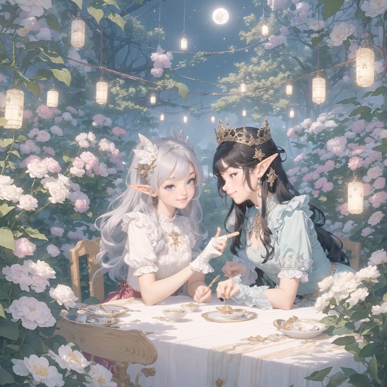 On International Fairy Day, a grand event is taking place in the magical world of fairies. The scene is set under a clear, starry night with a full moon casting a mystical glow. The air is crystal clear, enhancing the magical atmosphere.

In the center, four naive 18-year-old elf girls with blue-grey hair stylishly cut short, delicate hair flow, and deep dark blue-green eyes sparkling with purity, are reminiscing about their childhood. They are dressed in elegant Lolita fashion with black and white lace, intricate patterns, ribbons, and frills, over-the-knee socks, frilly headbands, petticoats for extra volume, lace gloves, aprons with frills, and frilled short boots. They have innocent, youthful expressions with gentle smiles, soft blushing cheeks, and a shy attitude, displaying shy idol smiles.

The elves are seated around a rustic wooden table with a small, intricately designed dollhouse from their childhood placed on it. They are sipping on elegant glasses of elven wine while sharing stories and memories. One girl is pointing at the dollhouse, smiling as she recalls a fond memory; another is gently touching a tiny piece of furniture inside, her eyes filled with nostalgia.

Around them, various fairies from different clans have gathered. There are tiny winged pixies with colorful, shimmering wings flitting about, spreading fairy dust and adding to the enchantment of the scene. Tall, elegant fae with flowing gowns and intricate crowns made of flowers and leaves are mingling with the crowd. Mischievous sprites are darting around, playing pranks and making everyone laugh. Graceful nymphs with long, flowing hair are dancing under the moonlight, their movements synchronized with the soft, ethereal music played by fairy musicians.

The entire event is filled with laughter, music, and the glow of magical lights. The fairies are celebrating their unity, sharing their tales, and enjoying the enchanting night. The natural lighting casts soft shadows, highlighting the intricate details of their elegant attire and the delicate textures of their hair and clothes. The image captures the essence of the magical event, focusing on the faces of the elves with a shallow depth of field, using an f/1.2 lens, creating a high-resolution image with depth blur.