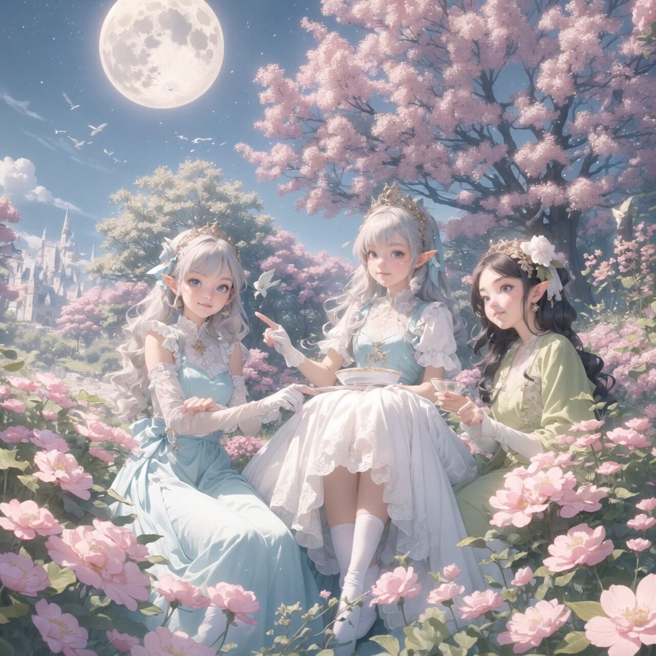 On International Fairy Day, a grand event is taking place in the magical world of fairies. The scene is set under a clear, starry night with a full moon casting a mystical glow. The air is crystal clear, enhancing the magical atmosphere.

In the center, four naive 18-year-old elf girls with blue-grey hair stylishly cut short, delicate hair flow, and deep dark blue-green eyes sparkling with purity, are reminiscing about their childhood. They are dressed in elegant Lolita fashion with black and white lace, intricate patterns, ribbons, and frills, over-the-knee socks, frilly headbands, petticoats for extra volume, lace gloves, aprons with frills, and frilled short boots. They have innocent, youthful expressions with gentle smiles, soft blushing cheeks, and a shy attitude, displaying shy idol smiles.

The elves are seated around a rustic wooden table with a small, intricately designed dollhouse from their childhood placed on it. They are sipping on elegant glasses of elven wine while sharing stories and memories. One girl is pointing at the dollhouse, smiling as she recalls a fond memory; another is gently touching a tiny piece of furniture inside, her eyes filled with nostalgia.

Around them, various fairies from different clans have gathered. There are tiny winged pixies with colorful, shimmering wings flitting about, spreading fairy dust and adding to the enchantment of the scene. Tall, elegant fae with flowing gowns and intricate crowns made of flowers and leaves are mingling with the crowd. Mischievous sprites are darting around, playing pranks and making everyone laugh. Graceful nymphs with long, flowing hair are dancing under the moonlight, their movements synchronized with the soft, ethereal music played by fairy musicians.

The entire event is filled with laughter, music, and the glow of magical lights. The fairies are celebrating their unity, sharing their tales, and enjoying the enchanting night. The natural lighting casts soft shadows, highlighting the intricate details of their elegant attire and the delicate textures of their hair and clothes. The image captures the essence of the magical event, focusing on the faces of the elves with a shallow depth of field, using an f/1.2 lens, creating a high-resolution image with depth blur.