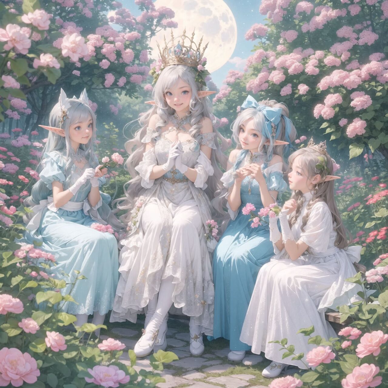 On International Fairy Day, a grand event is taking place in the magical world of fairies. The scene is set under a clear, starry night with a full moon casting a mystical glow. The air is crystal clear, enhancing the magical atmosphere.

In the center, four naive 18-year-old elf girls with blue-grey hair stylishly cut short, delicate hair flow, and deep dark blue-green eyes sparkling with purity, are reminiscing about their childhood. They are dressed in elegant Lolita fashion with black and white lace, intricate patterns, ribbons, and frills, over-the-knee socks, frilly headbands, petticoats for extra volume, lace gloves, aprons with frills, and frilled short boots. They have innocent, youthful expressions with gentle smiles, soft blushing cheeks, and a shy attitude, displaying shy idol smiles.

The elves are seated around a rustic wooden table with a small, intricately designed dollhouse from their childhood placed on it. They are sipping on elegant glasses of elven wine while sharing stories and memories. One girl is pointing at the dollhouse, smiling as she recalls a fond memory; another is gently touching a tiny piece of furniture inside, her eyes filled with nostalgia.

Around them, various fairies from different clans have gathered. There are tiny winged pixies with colorful, shimmering wings flitting about, spreading fairy dust and adding to the enchantment of the scene. Tall, elegant fae with flowing gowns and intricate crowns made of flowers and leaves are mingling with the crowd. Mischievous sprites are darting around, playing pranks and making everyone laugh. Graceful nymphs with long, flowing hair are dancing under the moonlight, their movements synchronized with the soft, ethereal music played by fairy musicians.

The entire event is filled with laughter, music, and the glow of magical lights. The fairies are celebrating their unity, sharing their tales, and enjoying the enchanting night. The natural lighting casts soft shadows, highlighting the intricate details of their elegant attire and the delicate textures of their hair and clothes. The image captures the essence of the magical event, focusing on the faces of the elves with a shallow depth of field, using an f/1.2 lens, creating a high-resolution image with depth blur.