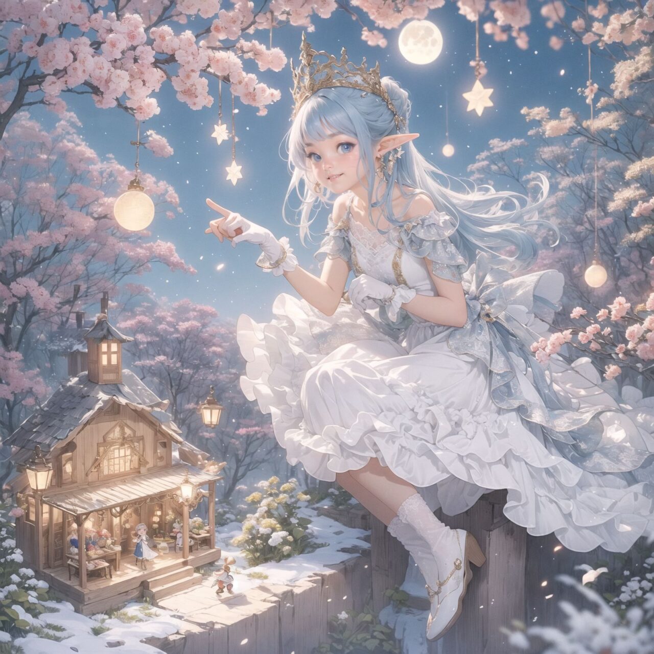 On International Fairy Day, a grand event is taking place in the magical world of fairies. The scene is set under a clear, starry night with a full moon casting a mystical glow. The air is crystal clear, enhancing the magical atmosphere.

In the center, four naive 18-year-old elf girls with blue-grey hair stylishly cut short, delicate hair flow, and deep dark blue-green eyes sparkling with purity, are reminiscing about their childhood. They are dressed in elegant Lolita fashion with black and white lace, intricate patterns, ribbons, and frills, over-the-knee socks, frilly headbands, petticoats for extra volume, lace gloves, aprons with frills, and frilled short boots. They have innocent, youthful expressions with gentle smiles, soft blushing cheeks, and a shy attitude, displaying shy idol smiles.

The elves are seated around a rustic wooden table with a small, intricately designed dollhouse from their childhood placed on it. They are sipping on elegant glasses of elven wine while sharing stories and memories. One girl is pointing at the dollhouse, smiling as she recalls a fond memory; another is gently touching a tiny piece of furniture inside, her eyes filled with nostalgia.

Around them, various fairies from different clans have gathered. There are tiny winged pixies with colorful, shimmering wings flitting about, spreading fairy dust and adding to the enchantment of the scene. Tall, elegant fae with flowing gowns and intricate crowns made of flowers and leaves are mingling with the crowd. Mischievous sprites are darting around, playing pranks and making everyone laugh. Graceful nymphs with long, flowing hair are dancing under the moonlight, their movements synchronized with the soft, ethereal music played by fairy musicians.

The entire event is filled with laughter, music, and the glow of magical lights. The fairies are celebrating their unity, sharing their tales, and enjoying the enchanting night. The natural lighting casts soft shadows, highlighting the intricate details of their elegant attire and the delicate textures of their hair and clothes. The image captures the essence of the magical event, focusing on the faces of the elves with a shallow depth of field, using an f/1.2 lens, creating a high-resolution image with depth blur.