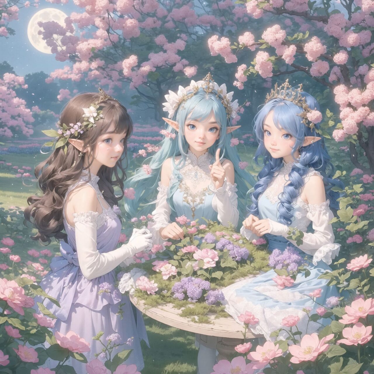 On International Fairy Day, a grand event is taking place in the magical world of fairies. The scene is set under a clear, starry night with a full moon casting a mystical glow. The air is crystal clear, enhancing the magical atmosphere.

In the center, four naive 18-year-old elf girls with blue-grey hair stylishly cut short, delicate hair flow, and deep dark blue-green eyes sparkling with purity, are reminiscing about their childhood. They are dressed in elegant Lolita fashion with black and white lace, intricate patterns, ribbons, and frills, over-the-knee socks, frilly headbands, petticoats for extra volume, lace gloves, aprons with frills, and frilled short boots. They have innocent, youthful expressions with gentle smiles, soft blushing cheeks, and a shy attitude, displaying shy idol smiles.

The elves are seated around a rustic wooden table with a small, intricately designed dollhouse from their childhood placed on it. They are sipping on elegant glasses of elven wine while sharing stories and memories. One girl is pointing at the dollhouse, smiling as she recalls a fond memory; another is gently touching a tiny piece of furniture inside, her eyes filled with nostalgia.

Around them, various fairies from different clans have gathered. There are tiny winged pixies with colorful, shimmering wings flitting about, spreading fairy dust and adding to the enchantment of the scene. Tall, elegant fae with flowing gowns and intricate crowns made of flowers and leaves are mingling with the crowd. Mischievous sprites are darting around, playing pranks and making everyone laugh. Graceful nymphs with long, flowing hair are dancing under the moonlight, their movements synchronized with the soft, ethereal music played by fairy musicians.

The entire event is filled with laughter, music, and the glow of magical lights. The fairies are celebrating their unity, sharing their tales, and enjoying the enchanting night. The natural lighting casts soft shadows, highlighting the intricate details of their elegant attire and the delicate textures of their hair and clothes. The image captures the essence of the magical event, focusing on the faces of the elves with a shallow depth of field, using an f/1.2 lens, creating a high-resolution image with depth blur.