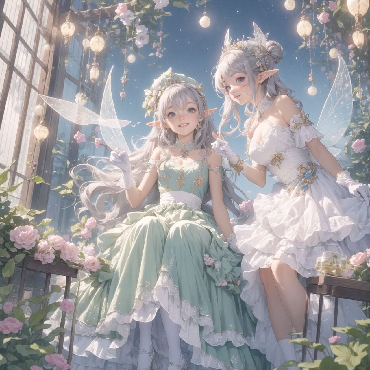 On International Fairy Day, a grand event is taking place in the magical world of fairies. The scene is set under a clear, starry night with a full moon casting a mystical glow. The air is crystal clear, enhancing the magical atmosphere.

In the center, four naive 18-year-old elf girls with blue-grey hair stylishly cut short, delicate hair flow, and deep dark blue-green eyes sparkling with purity, are reminiscing about their childhood. They are dressed in elegant Lolita fashion with black and white lace, intricate patterns, ribbons, and frills, over-the-knee socks, frilly headbands, petticoats for extra volume, lace gloves, aprons with frills, and frilled short boots. They have innocent, youthful expressions with gentle smiles, soft blushing cheeks, and a shy attitude, displaying shy idol smiles.

The elves are seated around a rustic wooden table with a small, intricately designed dollhouse from their childhood placed on it. They are sipping on elegant glasses of elven wine while sharing stories and memories. One girl is pointing at the dollhouse, smiling as she recalls a fond memory; another is gently touching a tiny piece of furniture inside, her eyes filled with nostalgia.

Around them, various fairies from different clans have gathered. There are tiny winged pixies with colorful, shimmering wings flitting about, spreading fairy dust and adding to the enchantment of the scene. Tall, elegant fae with flowing gowns and intricate crowns made of flowers and leaves are mingling with the crowd. Mischievous sprites are darting around, playing pranks and making everyone laugh. Graceful nymphs with long, flowing hair are dancing under the moonlight, their movements synchronized with the soft, ethereal music played by fairy musicians.

The entire event is filled with laughter, music, and the glow of magical lights. The fairies are celebrating their unity, sharing their tales, and enjoying the enchanting night. The natural lighting casts soft shadows, highlighting the intricate details of their elegant attire and the delicate textures of their hair and clothes. The image captures the essence of the magical event, focusing on the faces of the elves with a shallow depth of field, using an f/1.2 lens, creating a high-resolution image with depth blur.