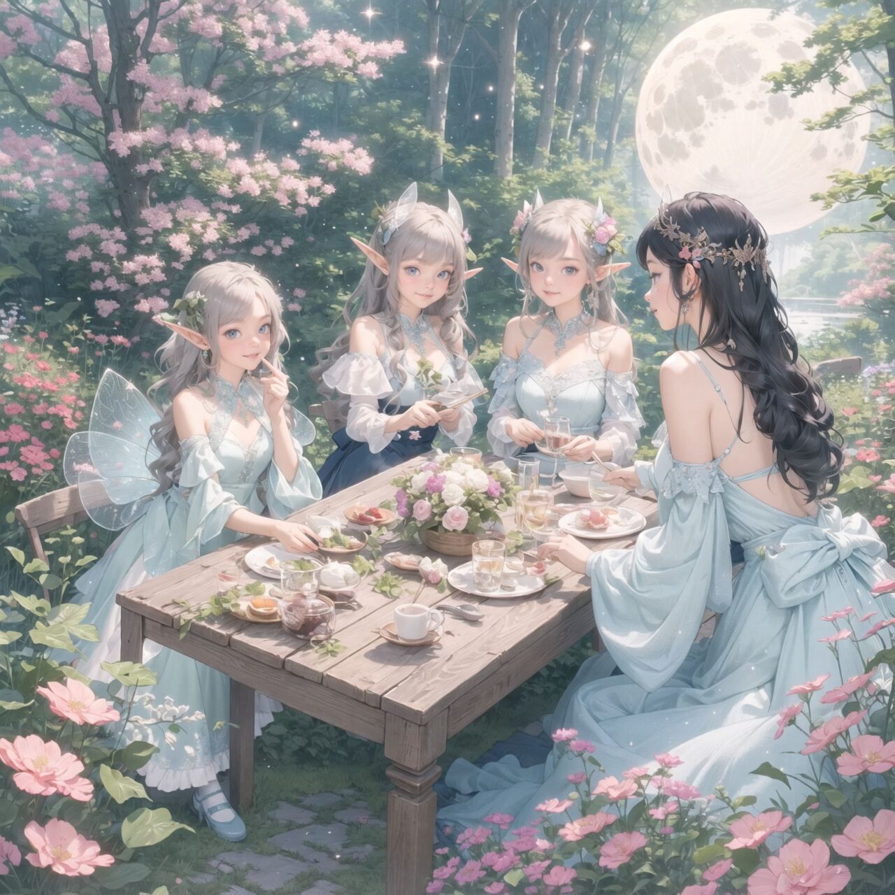 On International Fairy Day, a grand event is taking place in the magical world of fairies. The scene is set under a clear, starry night with a full moon casting a mystical glow. The air is crystal clear, enhancing the magical atmosphere.

In the center, four naive 18-year-old elf girls with blue-grey hair stylishly cut short, delicate hair flow, and deep dark blue-green eyes sparkling with purity, are reminiscing about their childhood. They are dressed in elegant Lolita fashion with black and white lace, intricate patterns, ribbons, and frills, over-the-knee socks, frilly headbands, petticoats for extra volume, lace gloves, aprons with frills, and frilled short boots. They have innocent, youthful expressions with gentle smiles, soft blushing cheeks, and a shy attitude, displaying shy idol smiles.

The elves are seated around a rustic wooden table with a small, intricately designed dollhouse from their childhood placed on it. They are sipping on elegant glasses of elven wine while sharing stories and memories. One girl is pointing at the dollhouse, smiling as she recalls a fond memory; another is gently touching a tiny piece of furniture inside, her eyes filled with nostalgia.

Around them, various fairies from different clans have gathered. There are tiny winged pixies with colorful, shimmering wings flitting about, spreading fairy dust and adding to the enchantment of the scene. Tall, elegant fae with flowing gowns and intricate crowns made of flowers and leaves are mingling with the crowd. Mischievous sprites are darting around, playing pranks and making everyone laugh. Graceful nymphs with long, flowing hair are dancing under the moonlight, their movements synchronized with the soft, ethereal music played by fairy musicians.

The entire event is filled with laughter, music, and the glow of magical lights. The fairies are celebrating their unity, sharing their tales, and enjoying the enchanting night. The natural lighting casts soft shadows, highlighting the intricate details of their elegant attire and the delicate textures of their hair and clothes. The image captures the essence of the magical event, focusing on the faces of the elves with a shallow depth of field, using an f/1.2 lens, creating a high-resolution image with depth blur.