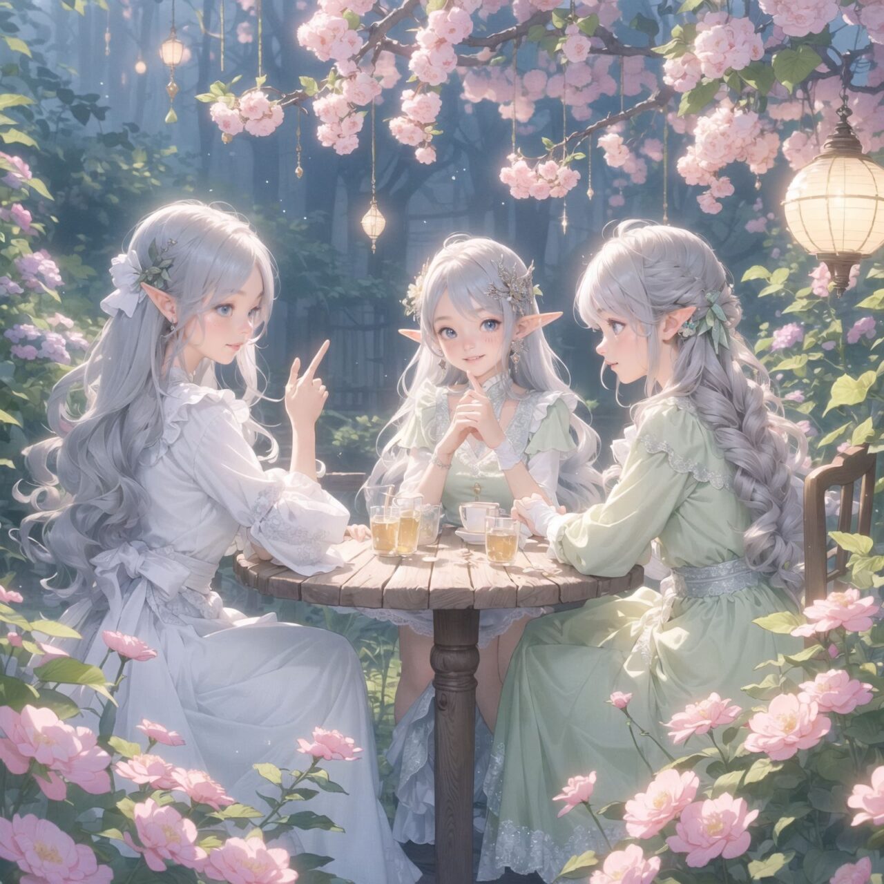 On International Fairy Day, a grand event is taking place in the magical world of fairies. The scene is set under a clear, starry night with a full moon casting a mystical glow. The air is crystal clear, enhancing the magical atmosphere.

In the center, four naive 18-year-old elf girls with blue-grey hair stylishly cut short, delicate hair flow, and deep dark blue-green eyes sparkling with purity, are reminiscing about their childhood. They are dressed in elegant Lolita fashion with black and white lace, intricate patterns, ribbons, and frills, over-the-knee socks, frilly headbands, petticoats for extra volume, lace gloves, aprons with frills, and frilled short boots. They have innocent, youthful expressions with gentle smiles, soft blushing cheeks, and a shy attitude, displaying shy idol smiles.

The elves are seated around a rustic wooden table with a small, intricately designed dollhouse from their childhood placed on it. They are sipping on elegant glasses of elven wine while sharing stories and memories. One girl is pointing at the dollhouse, smiling as she recalls a fond memory; another is gently touching a tiny piece of furniture inside, her eyes filled with nostalgia.

Around them, various fairies from different clans have gathered. There are tiny winged pixies with colorful, shimmering wings flitting about, spreading fairy dust and adding to the enchantment of the scene. Tall, elegant fae with flowing gowns and intricate crowns made of flowers and leaves are mingling with the crowd. Mischievous sprites are darting around, playing pranks and making everyone laugh. Graceful nymphs with long, flowing hair are dancing under the moonlight, their movements synchronized with the soft, ethereal music played by fairy musicians.

The entire event is filled with laughter, music, and the glow of magical lights. The fairies are celebrating their unity, sharing their tales, and enjoying the enchanting night. The natural lighting casts soft shadows, highlighting the intricate details of their elegant attire and the delicate textures of their hair and clothes. The image captures the essence of the magical event, focusing on the faces of the elves with a shallow depth of field, using an f/1.2 lens, creating a high-resolution image with depth blur.