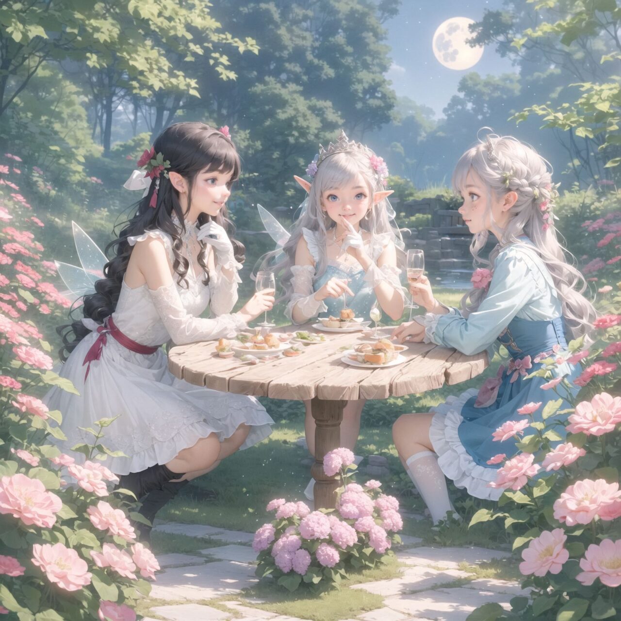 On International Fairy Day, a grand event is taking place in the magical world of fairies. The scene is set under a clear, starry night with a full moon casting a mystical glow. The air is crystal clear, enhancing the magical atmosphere.

In the center, four naive 18-year-old elf girls with blue-grey hair stylishly cut short, delicate hair flow, and deep dark blue-green eyes sparkling with purity, are reminiscing about their childhood. They are dressed in elegant Lolita fashion with black and white lace, intricate patterns, ribbons, and frills, over-the-knee socks, frilly headbands, petticoats for extra volume, lace gloves, aprons with frills, and frilled short boots. They have innocent, youthful expressions with gentle smiles, soft blushing cheeks, and a shy attitude, displaying shy idol smiles.

The elves are seated around a rustic wooden table with a small, intricately designed dollhouse from their childhood placed on it. They are sipping on elegant glasses of elven wine while sharing stories and memories. One girl is pointing at the dollhouse, smiling as she recalls a fond memory; another is gently touching a tiny piece of furniture inside, her eyes filled with nostalgia.

Around them, various fairies from different clans have gathered. There are tiny winged pixies with colorful, shimmering wings flitting about, spreading fairy dust and adding to the enchantment of the scene. Tall, elegant fae with flowing gowns and intricate crowns made of flowers and leaves are mingling with the crowd. Mischievous sprites are darting around, playing pranks and making everyone laugh. Graceful nymphs with long, flowing hair are dancing under the moonlight, their movements synchronized with the soft, ethereal music played by fairy musicians.

The entire event is filled with laughter, music, and the glow of magical lights. The fairies are celebrating their unity, sharing their tales, and enjoying the enchanting night. The natural lighting casts soft shadows, highlighting the intricate details of their elegant attire and the delicate textures of their hair and clothes. The image captures the essence of the magical event, focusing on the faces of the elves with a shallow depth of field, using an f/1.2 lens, creating a high-resolution image with depth blur.