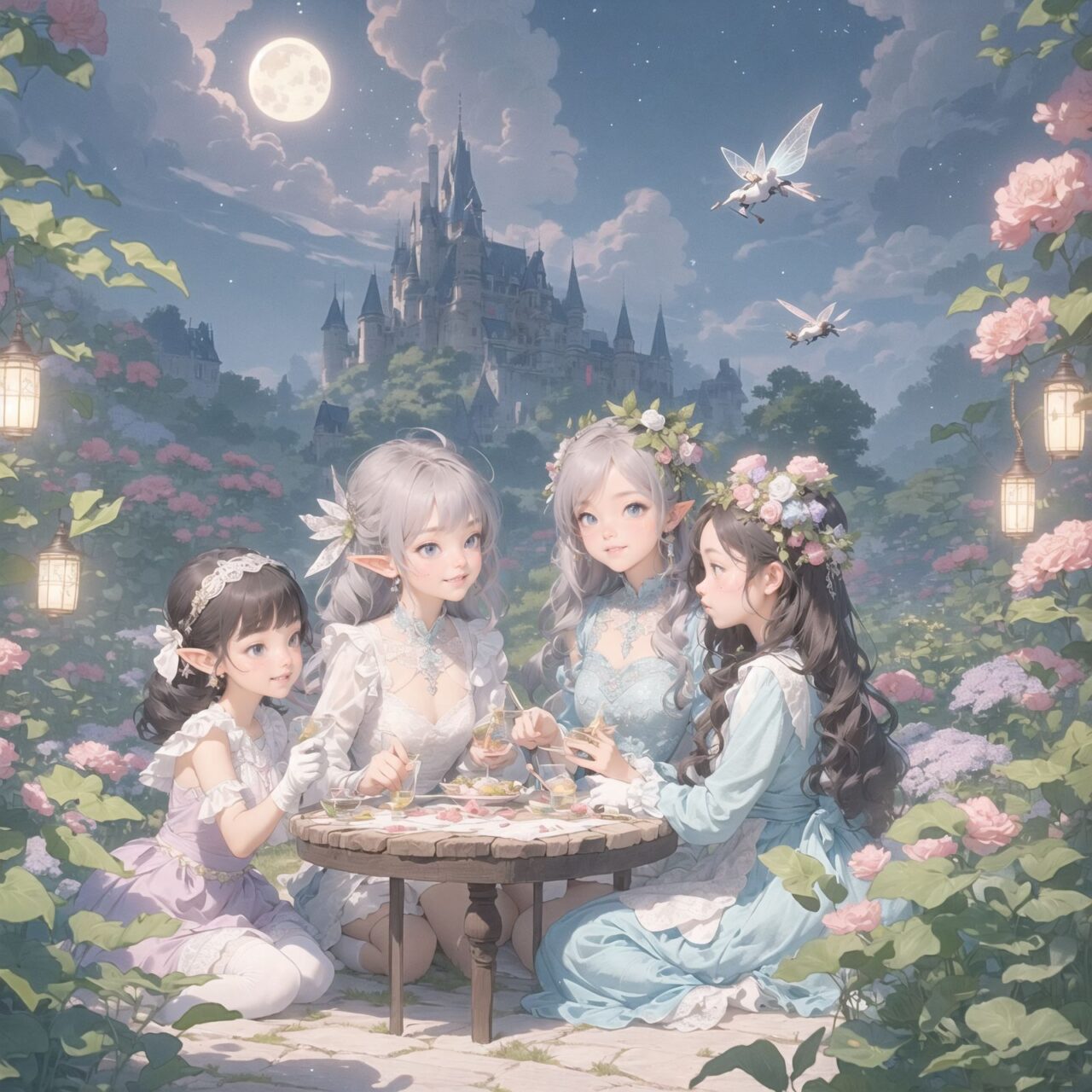 On International Fairy Day, a grand event is taking place in the magical world of fairies. The scene is set under a clear, starry night with a full moon casting a mystical glow. The air is crystal clear, enhancing the magical atmosphere.

In the center, four naive 18-year-old elf girls with blue-grey hair stylishly cut short, delicate hair flow, and deep dark blue-green eyes sparkling with purity, are reminiscing about their childhood. They are dressed in elegant Lolita fashion with black and white lace, intricate patterns, ribbons, and frills, over-the-knee socks, frilly headbands, petticoats for extra volume, lace gloves, aprons with frills, and frilled short boots. They have innocent, youthful expressions with gentle smiles, soft blushing cheeks, and a shy attitude, displaying shy idol smiles.

The elves are seated around a rustic wooden table with a small, intricately designed dollhouse from their childhood placed on it. They are sipping on elegant glasses of elven wine while sharing stories and memories. One girl is pointing at the dollhouse, smiling as she recalls a fond memory; another is gently touching a tiny piece of furniture inside, her eyes filled with nostalgia.

Around them, various fairies from different clans have gathered. There are tiny winged pixies with colorful, shimmering wings flitting about, spreading fairy dust and adding to the enchantment of the scene. Tall, elegant fae with flowing gowns and intricate crowns made of flowers and leaves are mingling with the crowd. Mischievous sprites are darting around, playing pranks and making everyone laugh. Graceful nymphs with long, flowing hair are dancing under the moonlight, their movements synchronized with the soft, ethereal music played by fairy musicians.

The entire event is filled with laughter, music, and the glow of magical lights. The fairies are celebrating their unity, sharing their tales, and enjoying the enchanting night. The natural lighting casts soft shadows, highlighting the intricate details of their elegant attire and the delicate textures of their hair and clothes. The image captures the essence of the magical event, focusing on the faces of the elves with a shallow depth of field, using an f/1.2 lens, creating a high-resolution image with depth blur.