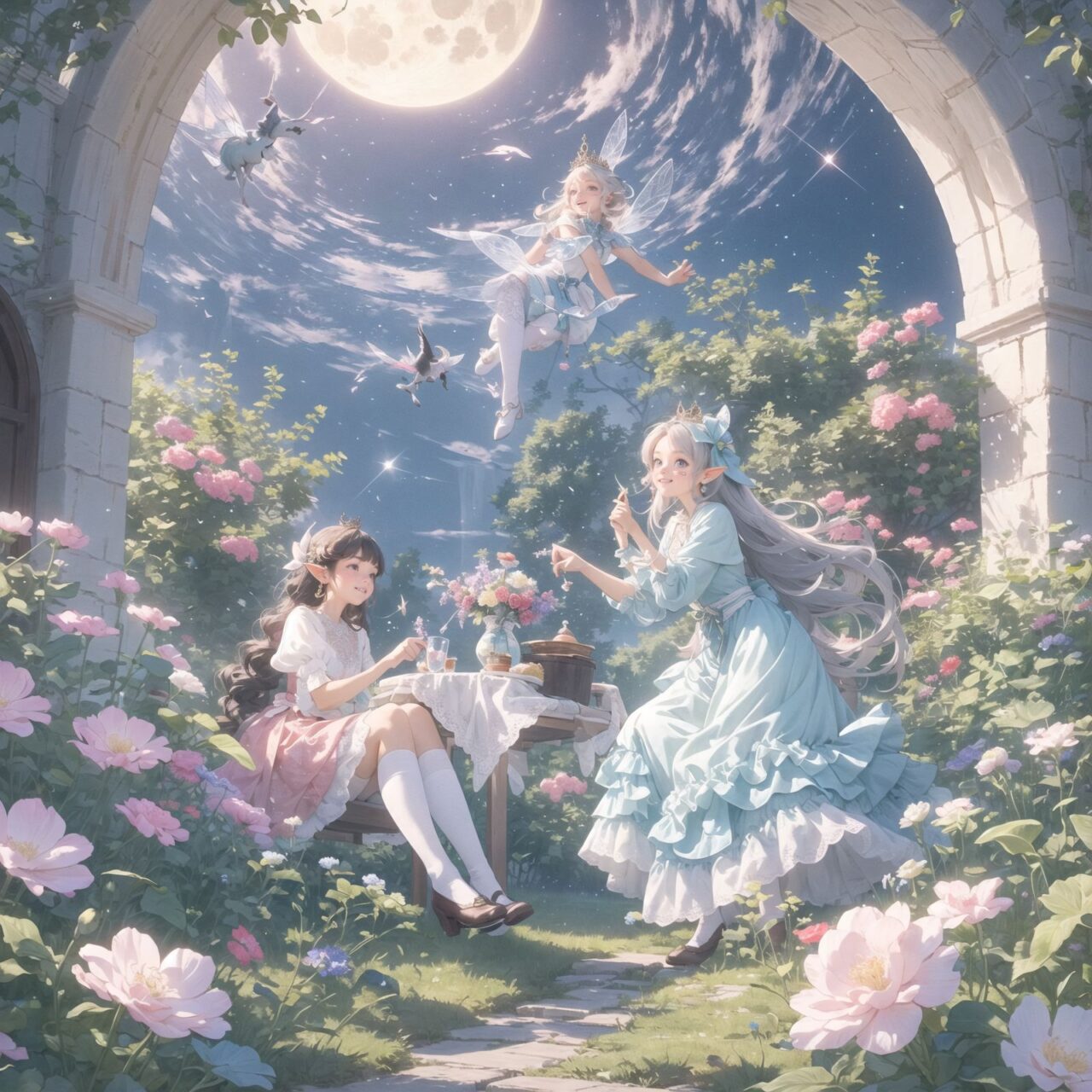 On International Fairy Day, a grand event is taking place in the magical world of fairies. The scene is set under a clear, starry night with a full moon casting a mystical glow. The air is crystal clear, enhancing the magical atmosphere.

In the center, four naive 18-year-old elf girls with blue-grey hair stylishly cut short, delicate hair flow, and deep dark blue-green eyes sparkling with purity, are reminiscing about their childhood. They are dressed in elegant Lolita fashion with black and white lace, intricate patterns, ribbons, and frills, over-the-knee socks, frilly headbands, petticoats for extra volume, lace gloves, aprons with frills, and frilled short boots. They have innocent, youthful expressions with gentle smiles, soft blushing cheeks, and a shy attitude, displaying shy idol smiles.

The elves are seated around a rustic wooden table with a small, intricately designed dollhouse from their childhood placed on it. They are sipping on elegant glasses of elven wine while sharing stories and memories. One girl is pointing at the dollhouse, smiling as she recalls a fond memory; another is gently touching a tiny piece of furniture inside, her eyes filled with nostalgia.

Around them, various fairies from different clans have gathered. There are tiny winged pixies with colorful, shimmering wings flitting about, spreading fairy dust and adding to the enchantment of the scene. Tall, elegant fae with flowing gowns and intricate crowns made of flowers and leaves are mingling with the crowd. Mischievous sprites are darting around, playing pranks and making everyone laugh. Graceful nymphs with long, flowing hair are dancing under the moonlight, their movements synchronized with the soft, ethereal music played by fairy musicians.

The entire event is filled with laughter, music, and the glow of magical lights. The fairies are celebrating their unity, sharing their tales, and enjoying the enchanting night. The natural lighting casts soft shadows, highlighting the intricate details of their elegant attire and the delicate textures of their hair and clothes. The image captures the essence of the magical event, focusing on the faces of the elves with a shallow depth of field, using an f/1.2 lens, creating a high-resolution image with depth blur.