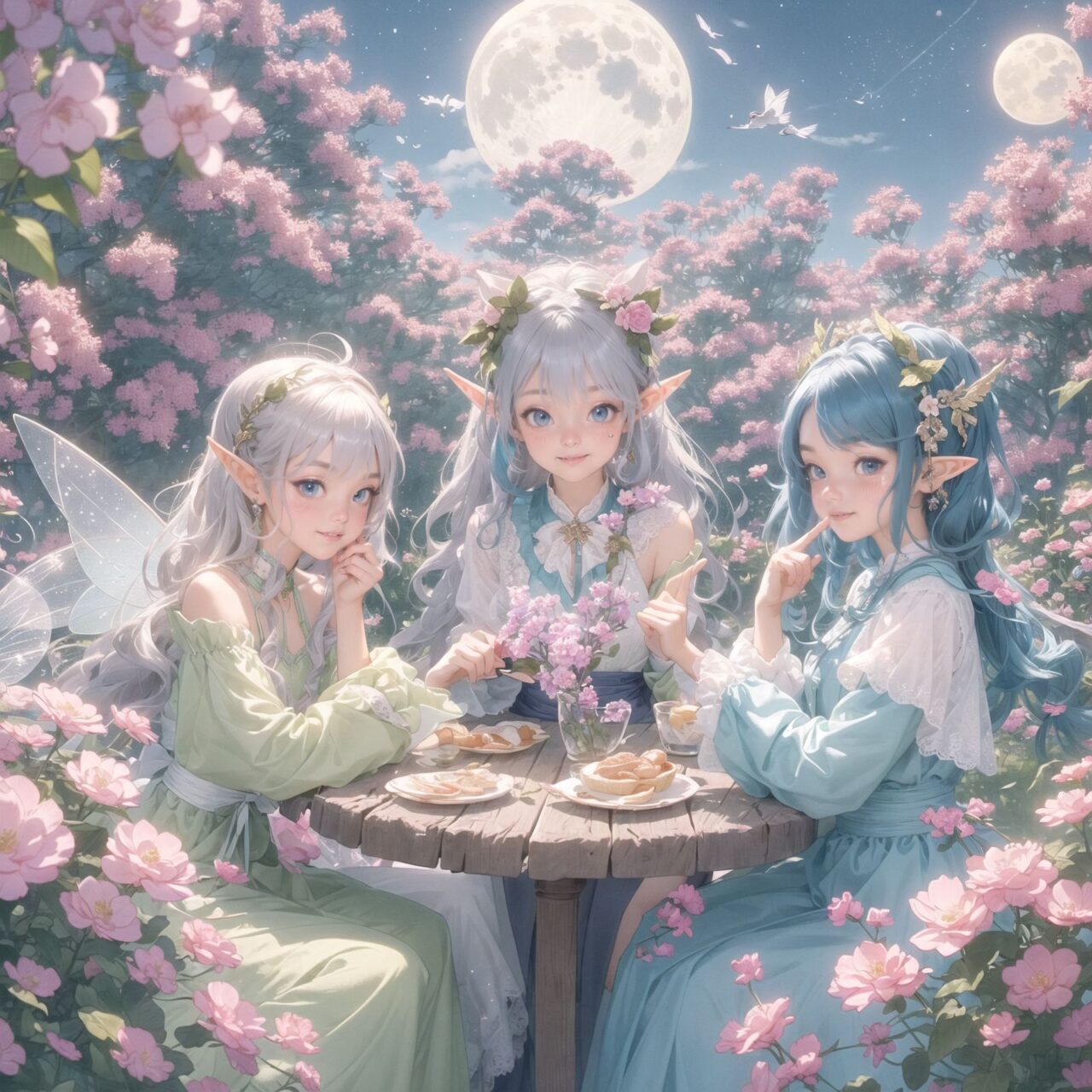 On International Fairy Day, a grand event is taking place in the magical world of fairies. The scene is set under a clear, starry night with a full moon casting a mystical glow. The air is crystal clear, enhancing the magical atmosphere.

In the center, four naive 18-year-old elf girls with blue-grey hair stylishly cut short, delicate hair flow, and deep dark blue-green eyes sparkling with purity, are reminiscing about their childhood. They are dressed in elegant Lolita fashion with black and white lace, intricate patterns, ribbons, and frills, over-the-knee socks, frilly headbands, petticoats for extra volume, lace gloves, aprons with frills, and frilled short boots. They have innocent, youthful expressions with gentle smiles, soft blushing cheeks, and a shy attitude, displaying shy idol smiles.

The elves are seated around a rustic wooden table with a small, intricately designed dollhouse from their childhood placed on it. They are sipping on elegant glasses of elven wine while sharing stories and memories. One girl is pointing at the dollhouse, smiling as she recalls a fond memory; another is gently touching a tiny piece of furniture inside, her eyes filled with nostalgia.

Around them, various fairies from different clans have gathered. There are tiny winged pixies with colorful, shimmering wings flitting about, spreading fairy dust and adding to the enchantment of the scene. Tall, elegant fae with flowing gowns and intricate crowns made of flowers and leaves are mingling with the crowd. Mischievous sprites are darting around, playing pranks and making everyone laugh. Graceful nymphs with long, flowing hair are dancing under the moonlight, their movements synchronized with the soft, ethereal music played by fairy musicians.

The entire event is filled with laughter, music, and the glow of magical lights. The fairies are celebrating their unity, sharing their tales, and enjoying the enchanting night. The natural lighting casts soft shadows, highlighting the intricate details of their elegant attire and the delicate textures of their hair and clothes. The image captures the essence of the magical event, focusing on the faces of the elves with a shallow depth of field, using an f/1.2 lens, creating a high-resolution image with depth blur.