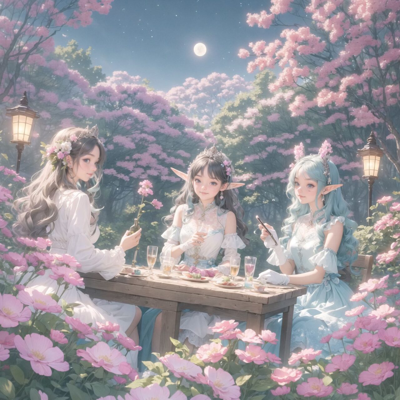 On International Fairy Day, a grand event is taking place in the magical world of fairies, captured in an overhead view. The scene is set under a clear, starry night with a full moon casting a mystical glow. The air is crystal clear, enhancing the magical atmosphere.

In the center, four naive 18-year-old elf girls with blue-grey hair stylishly cut short, delicate hair flow, and deep dark blue-green eyes sparkling with purity, are reminiscing about their childhood. They are dressed in elegant Lolita fashion with black and white lace, intricate patterns, ribbons, and frills, over-the-knee socks, frilly headbands, petticoats for extra volume, lace gloves, aprons with frills, and frilled short boots. They have innocent, youthful expressions with gentle smiles, soft blushing cheeks, and a shy attitude, displaying shy idol smiles. The elves are seated around a rustic wooden table with a small, intricately designed dollhouse from their childhood placed on it, sipping on elegant glasses of elven wine while sharing stories and memories.

Surrounding them, various fairies from different clans have gathered. There are tiny winged pixies with colorful, shimmering wings flitting about, spreading fairy dust and adding to the enchantment of the scene. Tall, elegant fae with flowing gowns and intricate crowns made of flowers and leaves are mingling with the crowd. Mischievous sprites are darting around, playing pranks and making everyone laugh. Graceful nymphs with long, flowing hair are dancing under the moonlight, their movements synchronized with the soft, ethereal music played by fairy musicians.

The entire event is filled with laughter, music, and the glow of magical lights. The fairies are celebrating their unity, sharing their tales, and enjoying the enchanting night. The natural lighting casts soft shadows, highlighting the intricate details of their elegant attire and the delicate textures of their hair and clothes. The image captures the essence of the magical event,