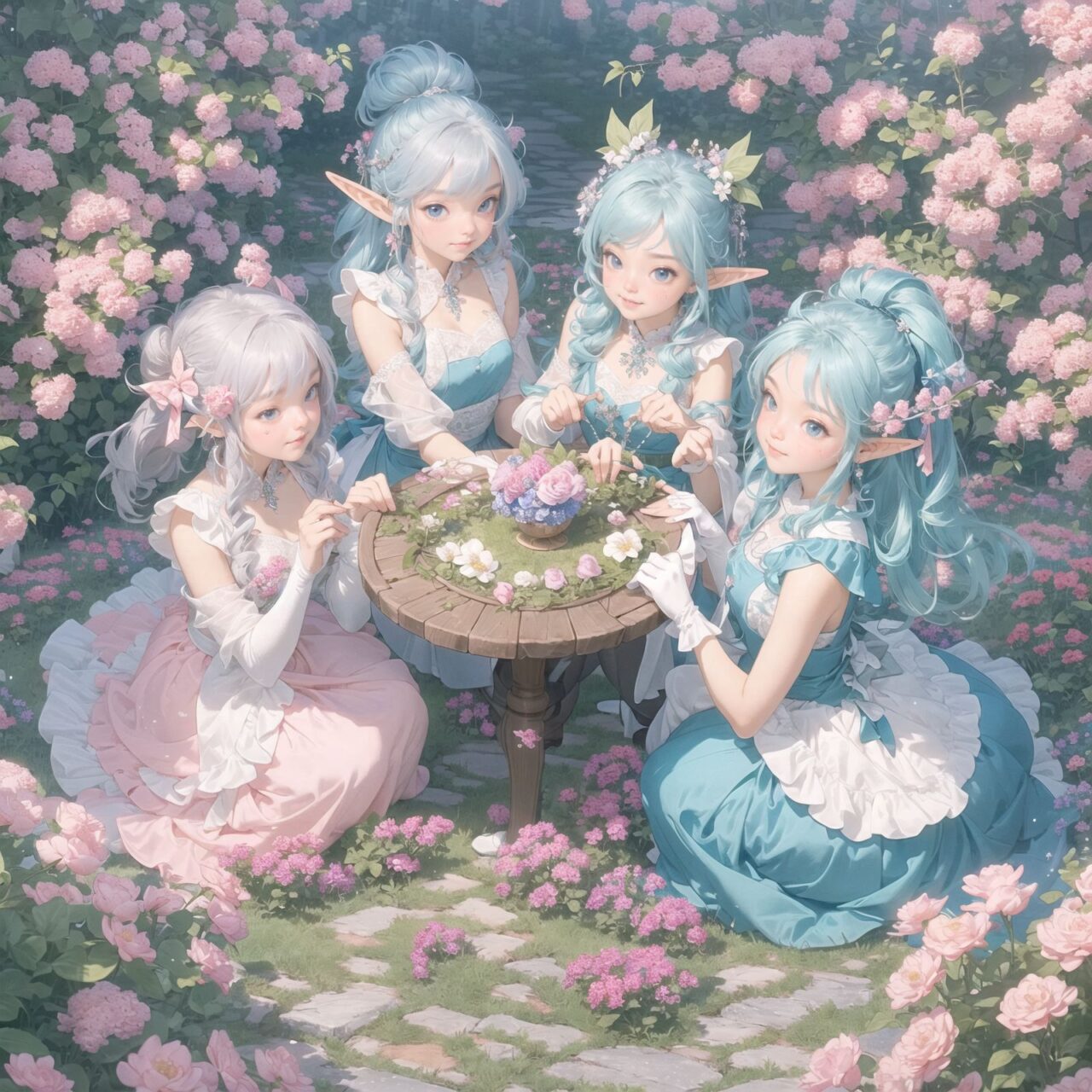 On International Fairy Day, a grand event is taking place in the magical world of fairies, captured in an overhead view. The scene is set under a clear, starry night with a full moon casting a mystical glow. The air is crystal clear, enhancing the magical atmosphere.

In the center, four naive 18-year-old elf girls with blue-grey hair stylishly cut short, delicate hair flow, and deep dark blue-green eyes sparkling with purity, are reminiscing about their childhood. They are dressed in elegant Lolita fashion with black and white lace, intricate patterns, ribbons, and frills, over-the-knee socks, frilly headbands, petticoats for extra volume, lace gloves, aprons with frills, and frilled short boots. They have innocent, youthful expressions with gentle smiles, soft blushing cheeks, and a shy attitude, displaying shy idol smiles. The elves are seated around a rustic wooden table with a small, intricately designed dollhouse from their childhood placed on it, sipping on elegant glasses of elven wine while sharing stories and memories.

Surrounding them, various fairies from different clans have gathered. There are tiny winged pixies with colorful, shimmering wings flitting about, spreading fairy dust and adding to the enchantment of the scene. Tall, elegant fae with flowing gowns and intricate crowns made of flowers and leaves are mingling with the crowd. Mischievous sprites are darting around, playing pranks and making everyone laugh. Graceful nymphs with long, flowing hair are dancing under the moonlight, their movements synchronized with the soft, ethereal music played by fairy musicians.

The entire event is filled with laughter, music, and the glow of magical lights. The fairies are celebrating their unity, sharing their tales, and enjoying the enchanting night. The natural lighting casts soft shadows, highlighting the intricate details of their elegant attire and the delicate textures of their hair and clothes. The image captures the essence of the magical event,