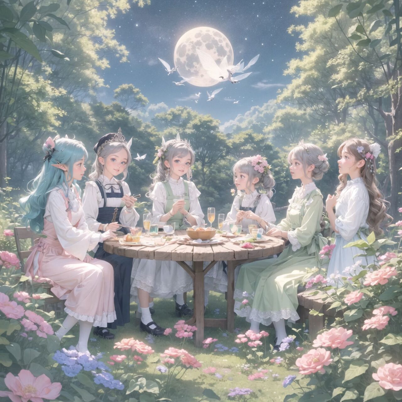 On International Fairy Day, a grand event is taking place in the magical world of fairies, captured in an overhead view. The scene is set under a clear, starry night with a full moon casting a mystical glow. The air is crystal clear, enhancing the magical atmosphere.

In the center, four naive 18-year-old elf girls with blue-grey hair stylishly cut short, delicate hair flow, and deep dark blue-green eyes sparkling with purity, are reminiscing about their childhood. They are dressed in elegant Lolita fashion with black and white lace, intricate patterns, ribbons, and frills, over-the-knee socks, frilly headbands, petticoats for extra volume, lace gloves, aprons with frills, and frilled short boots. They have innocent, youthful expressions with gentle smiles, soft blushing cheeks, and a shy attitude, displaying shy idol smiles. The elves are seated around a rustic wooden table with a small, intricately designed dollhouse from their childhood placed on it, sipping on elegant glasses of elven wine while sharing stories and memories.

Surrounding them, various fairies from different clans have gathered. There are tiny winged pixies with colorful, shimmering wings flitting about, spreading fairy dust and adding to the enchantment of the scene. Tall, elegant fae with flowing gowns and intricate crowns made of flowers and leaves are mingling with the crowd. Mischievous sprites are darting around, playing pranks and making everyone laugh. Graceful nymphs with long, flowing hair are dancing under the moonlight, their movements synchronized with the soft, ethereal music played by fairy musicians.

The entire event is filled with laughter, music, and the glow of magical lights. The fairies are celebrating their unity, sharing their tales, and enjoying the enchanting night. The natural lighting casts soft shadows, highlighting the intricate details of their elegant attire and the delicate textures of their hair and clothes. The image captures the essence of the magical event,