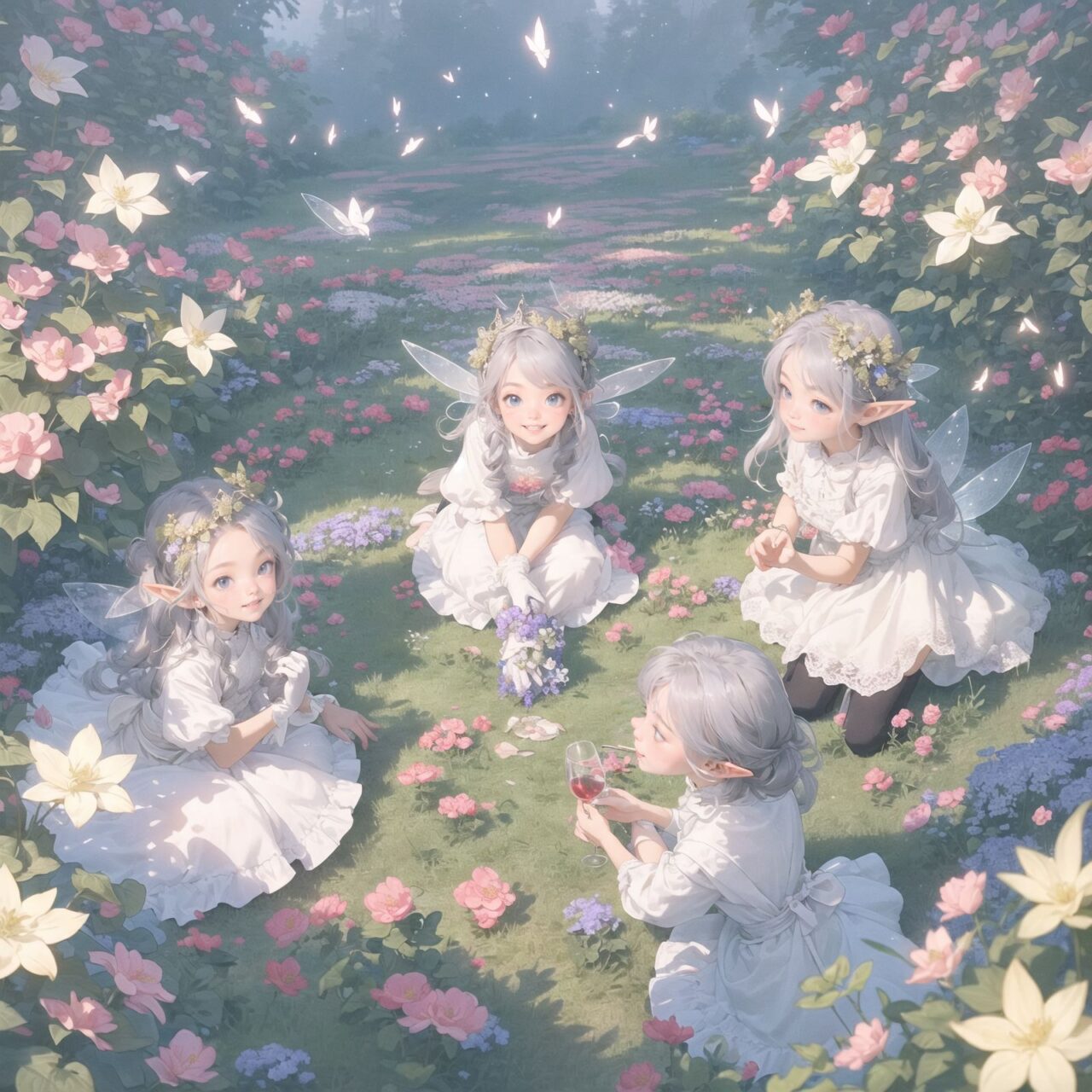 On International Fairy Day, a grand event is taking place in the magical world of fairies, captured in an overhead view. The scene is set under a clear, starry night with a full moon casting a mystical glow. The air is crystal clear, enhancing the magical atmosphere.

In the center, four naive 18-year-old elf girls with blue-grey hair stylishly cut short, delicate hair flow, and deep dark blue-green eyes sparkling with purity, are reminiscing about their childhood. They are dressed in elegant Lolita fashion with black and white lace, intricate patterns, ribbons, and frills, over-the-knee socks, frilly headbands, petticoats for extra volume, lace gloves, aprons with frills, and frilled short boots. They have innocent, youthful expressions with gentle smiles, soft blushing cheeks, and a shy attitude, displaying shy idol smiles. The elves are seated around a rustic wooden table with a small, intricately designed dollhouse from their childhood placed on it, sipping on elegant glasses of elven wine while sharing stories and memories.

Surrounding them, various fairies from different clans have gathered. There are tiny winged pixies with colorful, shimmering wings flitting about, spreading fairy dust and adding to the enchantment of the scene. Tall, elegant fae with flowing gowns and intricate crowns made of flowers and leaves are mingling with the crowd. Mischievous sprites are darting around, playing pranks and making everyone laugh. Graceful nymphs with long, flowing hair are dancing under the moonlight, their movements synchronized with the soft, ethereal music played by fairy musicians.

The entire event is filled with laughter, music, and the glow of magical lights. The fairies are celebrating their unity, sharing their tales, and enjoying the enchanting night. The natural lighting casts soft shadows, highlighting the intricate details of their elegant attire and the delicate textures of their hair and clothes. The image captures the essence of the magical event,