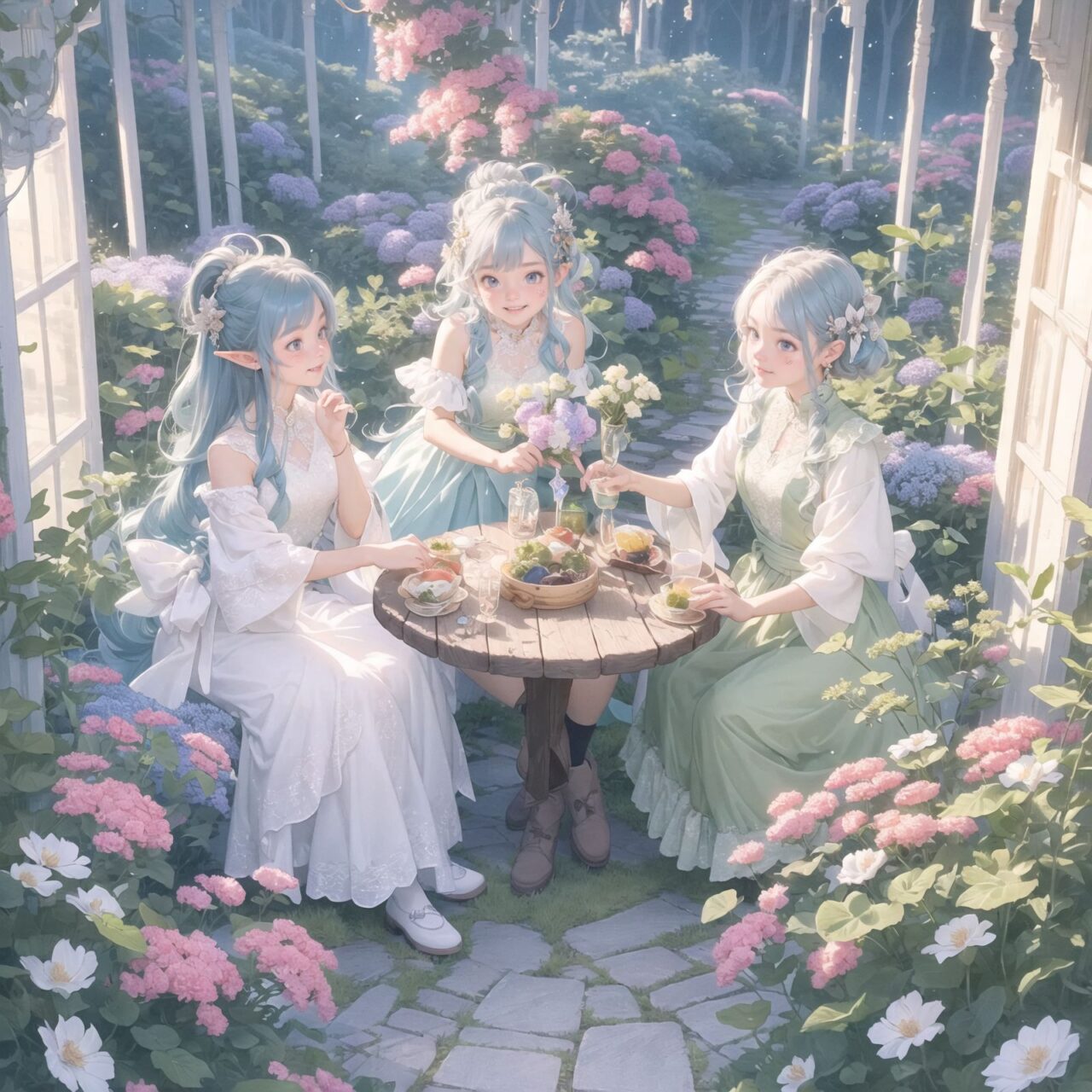 On International Fairy Day, a grand event is taking place in the magical world of fairies, captured in an overhead view. The scene is set under a clear, starry night with a full moon casting a mystical glow. The air is crystal clear, enhancing the magical atmosphere.

In the center, four naive 18-year-old elf girls with blue-grey hair stylishly cut short, delicate hair flow, and deep dark blue-green eyes sparkling with purity, are reminiscing about their childhood. They are dressed in elegant Lolita fashion with black and white lace, intricate patterns, ribbons, and frills, over-the-knee socks, frilly headbands, petticoats for extra volume, lace gloves, aprons with frills, and frilled short boots. They have innocent, youthful expressions with gentle smiles, soft blushing cheeks, and a shy attitude, displaying shy idol smiles. The elves are seated around a rustic wooden table with a small, intricately designed dollhouse from their childhood placed on it, sipping on elegant glasses of elven wine while sharing stories and memories.

Surrounding them, various fairies from different clans have gathered. There are tiny winged pixies with colorful, shimmering wings flitting about, spreading fairy dust and adding to the enchantment of the scene. Tall, elegant fae with flowing gowns and intricate crowns made of flowers and leaves are mingling with the crowd. Mischievous sprites are darting around, playing pranks and making everyone laugh. Graceful nymphs with long, flowing hair are dancing under the moonlight, their movements synchronized with the soft, ethereal music played by fairy musicians.

The entire event is filled with laughter, music, and the glow of magical lights. The fairies are celebrating their unity, sharing their tales, and enjoying the enchanting night. The natural lighting casts soft shadows, highlighting the intricate details of their elegant attire and the delicate textures of their hair and clothes. The image captures the essence of the magical event,