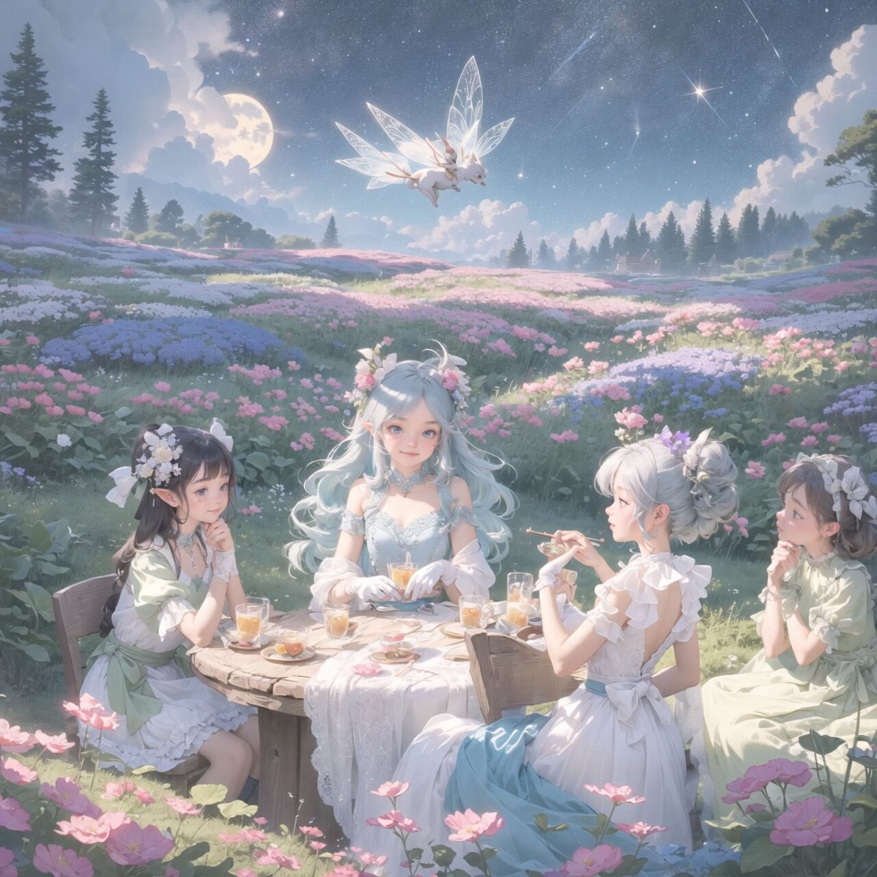 On International Fairy Day, a grand event is taking place in the magical world of fairies, captured in an overhead view. The scene is set under a clear, starry night with a full moon casting a mystical glow. The air is crystal clear, enhancing the magical atmosphere.

In the center, four naive 18-year-old elf girls with blue-grey hair stylishly cut short, delicate hair flow, and deep dark blue-green eyes sparkling with purity, are reminiscing about their childhood. They are dressed in elegant Lolita fashion with black and white lace, intricate patterns, ribbons, and frills, over-the-knee socks, frilly headbands, petticoats for extra volume, lace gloves, aprons with frills, and frilled short boots. They have innocent, youthful expressions with gentle smiles, soft blushing cheeks, and a shy attitude, displaying shy idol smiles. The elves are seated around a rustic wooden table with a small, intricately designed dollhouse from their childhood placed on it, sipping on elegant glasses of elven wine while sharing stories and memories.

Surrounding them, various fairies from different clans have gathered. There are tiny winged pixies with colorful, shimmering wings flitting about, spreading fairy dust and adding to the enchantment of the scene. Tall, elegant fae with flowing gowns and intricate crowns made of flowers and leaves are mingling with the crowd. Mischievous sprites are darting around, playing pranks and making everyone laugh. Graceful nymphs with long, flowing hair are dancing under the moonlight, their movements synchronized with the soft, ethereal music played by fairy musicians.

The entire event is filled with laughter, music, and the glow of magical lights. The fairies are celebrating their unity, sharing their tales, and enjoying the enchanting night. The natural lighting casts soft shadows, highlighting the intricate details of their elegant attire and the delicate textures of their hair and clothes. The image captures the essence of the magical event,