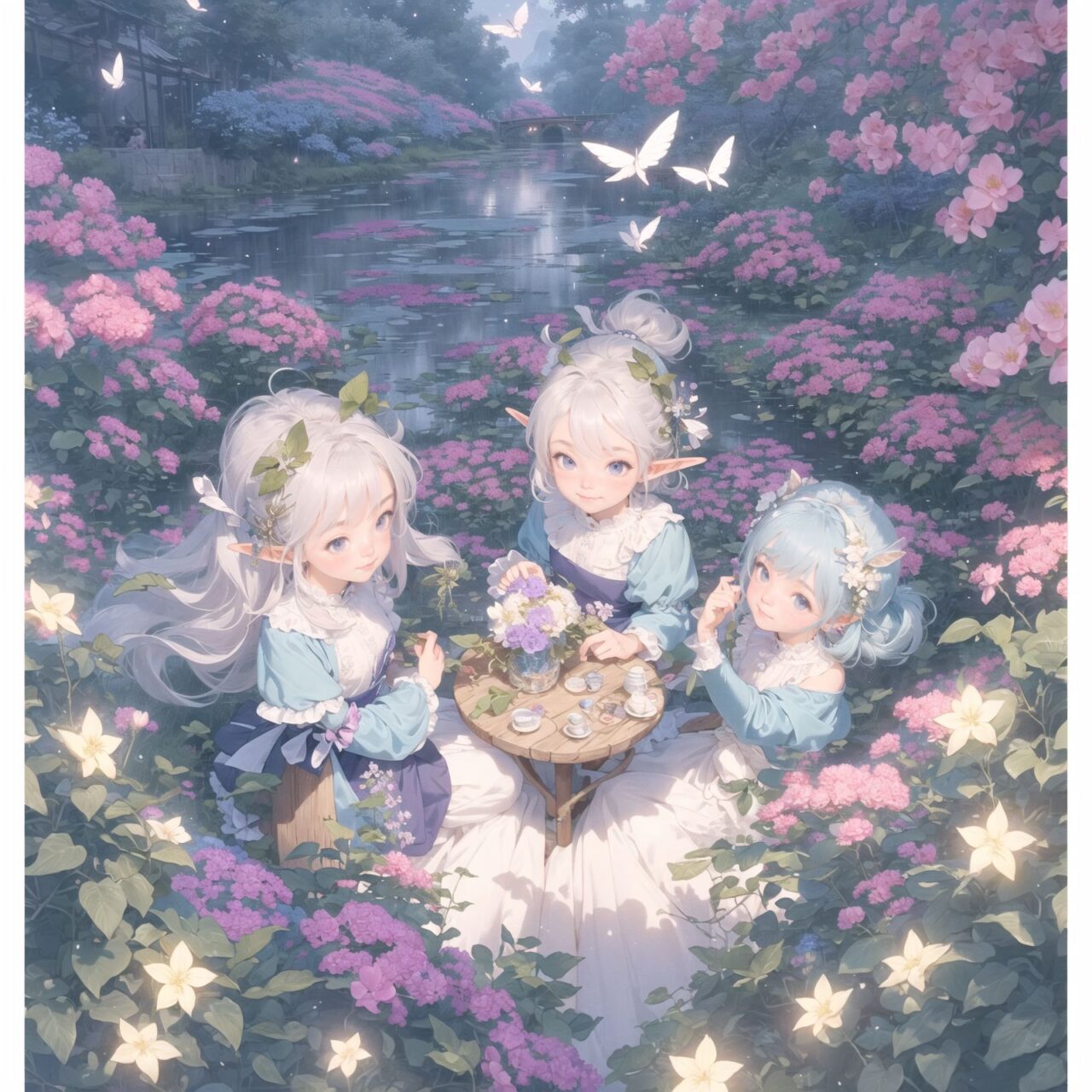 On International Fairy Day, a grand event is taking place in the magical world of fairies, captured in an overhead view. The scene is set under a clear, starry night with a full moon casting a mystical glow. The air is crystal clear, enhancing the magical atmosphere.

In the center, four naive 18-year-old elf girls with blue-grey hair stylishly cut short, delicate hair flow, and deep dark blue-green eyes sparkling with purity, are reminiscing about their childhood. They are dressed in elegant Lolita fashion with black and white lace, intricate patterns, ribbons, and frills, over-the-knee socks, frilly headbands, petticoats for extra volume, lace gloves, aprons with frills, and frilled short boots. They have innocent, youthful expressions with gentle smiles, soft blushing cheeks, and a shy attitude, displaying shy idol smiles. The elves are seated around a rustic wooden table with a small, intricately designed dollhouse from their childhood placed on it, sipping on elegant glasses of elven wine while sharing stories and memories.

Surrounding them, various fairies from different clans have gathered. There are tiny winged pixies with colorful, shimmering wings flitting about, spreading fairy dust and adding to the enchantment of the scene. Tall, elegant fae with flowing gowns and intricate crowns made of flowers and leaves are mingling with the crowd. Mischievous sprites are darting around, playing pranks and making everyone laugh. Graceful nymphs with long, flowing hair are dancing under the moonlight, their movements synchronized with the soft, ethereal music played by fairy musicians.

The entire event is filled with laughter, music, and the glow of magical lights. The fairies are celebrating their unity, sharing their tales, and enjoying the enchanting night. The natural lighting casts soft shadows, highlighting the intricate details of their elegant attire and the delicate textures of their hair and clothes. The image captures the essence of the magical event,