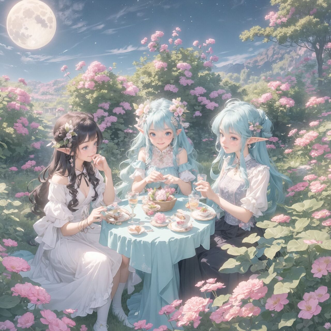 On International Fairy Day, a grand event is taking place in the magical world of fairies, captured in an overhead view. The scene is set under a clear, starry night with a full moon casting a mystical glow. The air is crystal clear, enhancing the magical atmosphere.

In the center, four naive 18-year-old elf girls with blue-grey hair stylishly cut short, delicate hair flow, and deep dark blue-green eyes sparkling with purity, are reminiscing about their childhood. They are dressed in elegant Lolita fashion with black and white lace, intricate patterns, ribbons, and frills, over-the-knee socks, frilly headbands, petticoats for extra volume, lace gloves, aprons with frills, and frilled short boots. They have innocent, youthful expressions with gentle smiles, soft blushing cheeks, and a shy attitude, displaying shy idol smiles. The elves are seated around a rustic wooden table with a small, intricately designed dollhouse from their childhood placed on it, sipping on elegant glasses of elven wine while sharing stories and memories.

Surrounding them, various fairies from different clans have gathered. There are tiny winged pixies with colorful, shimmering wings flitting about, spreading fairy dust and adding to the enchantment of the scene. Tall, elegant fae with flowing gowns and intricate crowns made of flowers and leaves are mingling with the crowd. Mischievous sprites are darting around, playing pranks and making everyone laugh. Graceful nymphs with long, flowing hair are dancing under the moonlight, their movements synchronized with the soft, ethereal music played by fairy musicians.

The entire event is filled with laughter, music, and the glow of magical lights. The fairies are celebrating their unity, sharing their tales, and enjoying the enchanting night. The natural lighting casts soft shadows, highlighting the intricate details of their elegant attire and the delicate textures of their hair and clothes. The image captures the essence of the magical event,