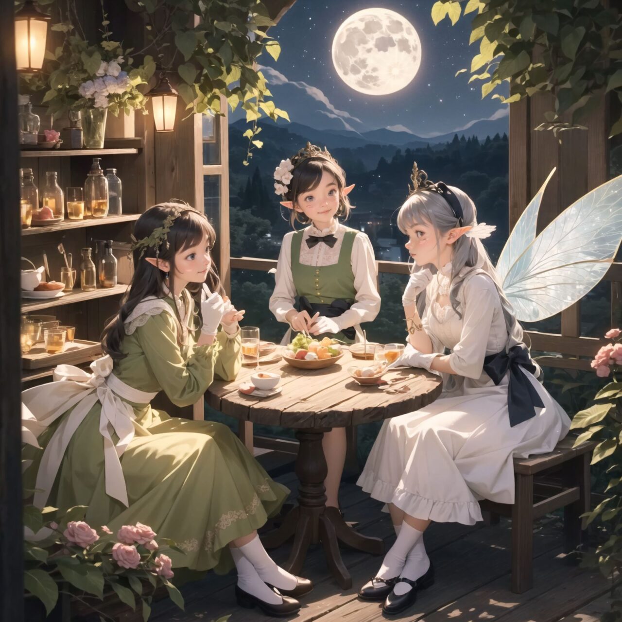 On International Fairy Day, a grand event is taking place in the magical world of fairies, captured in an overhead view. The scene is set under a clear, starry night with a full moon casting a mystical glow. The air is crystal clear, enhancing the magical atmosphere.

In the center, four naive 18-year-old elf girls with blue-grey hair stylishly cut short, delicate hair flow, and deep dark blue-green eyes sparkling with purity, are reminiscing about their childhood. They are dressed in elegant Lolita fashion with black and white lace, intricate patterns, ribbons, and frills, over-the-knee socks, frilly headbands, petticoats for extra volume, lace gloves, aprons with frills, and frilled short boots. They have innocent, youthful expressions with gentle smiles, soft blushing cheeks, and a shy attitude, displaying shy idol smiles. The elves are seated around a rustic wooden table with a small, intricately designed dollhouse from their childhood placed on it, sipping on elegant glasses of elven wine while sharing stories and memories.

Surrounding them, various fairies from different clans have gathered. There are tiny winged pixies with colorful, shimmering wings flitting about, spreading fairy dust and adding to the enchantment of the scene. Tall, elegant fae with flowing gowns and intricate crowns made of flowers and leaves are mingling with the crowd. Mischievous sprites are darting around, playing pranks and making everyone laugh. Graceful nymphs with long, flowing hair are dancing under the moonlight, their movements synchronized with the soft, ethereal music played by fairy musicians.

The entire event is filled with laughter, music, and the glow of magical lights. The fairies are celebrating their unity, sharing their tales, and enjoying the enchanting night. The natural lighting casts soft shadows, highlighting the intricate details of their elegant attire and the delicate textures of their hair and clothes. The image captures the essence of the magical event,