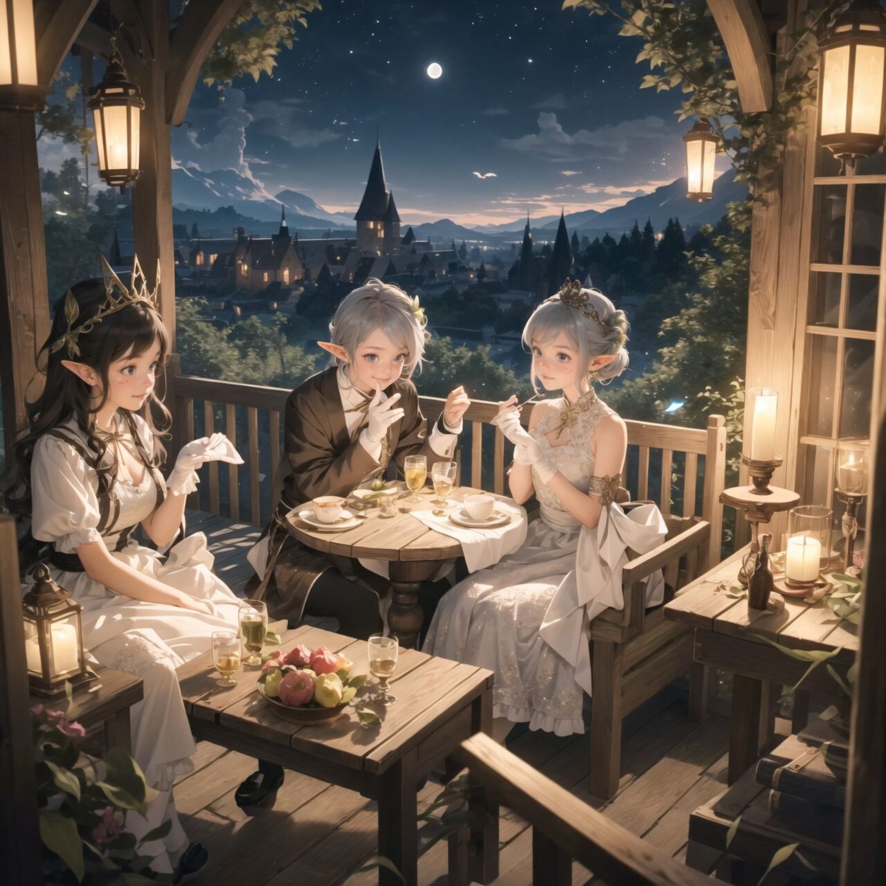 On International Fairy Day, a grand event is taking place in the magical world of fairies, captured in an overhead view. The scene is set under a clear, starry night with a full moon casting a mystical glow. The air is crystal clear, enhancing the magical atmosphere.

In the center, four naive 18-year-old elf girls with blue-grey hair stylishly cut short, delicate hair flow, and deep dark blue-green eyes sparkling with purity, are reminiscing about their childhood. They are dressed in elegant Lolita fashion with black and white lace, intricate patterns, ribbons, and frills, over-the-knee socks, frilly headbands, petticoats for extra volume, lace gloves, aprons with frills, and frilled short boots. They have innocent, youthful expressions with gentle smiles, soft blushing cheeks, and a shy attitude, displaying shy idol smiles. The elves are seated around a rustic wooden table with a small, intricately designed dollhouse from their childhood placed on it, sipping on elegant glasses of elven wine while sharing stories and memories.

Surrounding them, various fairies from different clans have gathered. There are tiny winged pixies with colorful, shimmering wings flitting about, spreading fairy dust and adding to the enchantment of the scene. Tall, elegant fae with flowing gowns and intricate crowns made of flowers and leaves are mingling with the crowd. Mischievous sprites are darting around, playing pranks and making everyone laugh. Graceful nymphs with long, flowing hair are dancing under the moonlight, their movements synchronized with the soft, ethereal music played by fairy musicians.

The entire event is filled with laughter, music, and the glow of magical lights. The fairies are celebrating their unity, sharing their tales, and enjoying the enchanting night. The natural lighting casts soft shadows, highlighting the intricate details of their elegant attire and the delicate textures of their hair and clothes. The image captures the essence of the magical event,