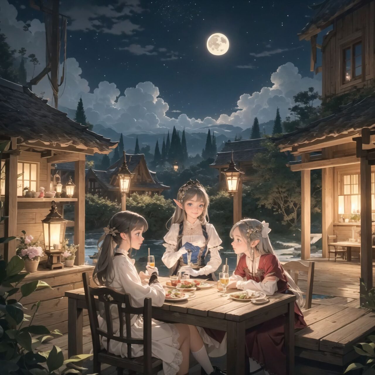 On International Fairy Day, a grand event is taking place in the magical world of fairies, captured in an overhead view. The scene is set under a clear, starry night with a full moon casting a mystical glow. The air is crystal clear, enhancing the magical atmosphere.

In the center, four naive 18-year-old elf girls with blue-grey hair stylishly cut short, delicate hair flow, and deep dark blue-green eyes sparkling with purity, are reminiscing about their childhood. They are dressed in elegant Lolita fashion with black and white lace, intricate patterns, ribbons, and frills, over-the-knee socks, frilly headbands, petticoats for extra volume, lace gloves, aprons with frills, and frilled short boots. They have innocent, youthful expressions with gentle smiles, soft blushing cheeks, and a shy attitude, displaying shy idol smiles. The elves are seated around a rustic wooden table with a small, intricately designed dollhouse from their childhood placed on it, sipping on elegant glasses of elven wine while sharing stories and memories.

Surrounding them, various fairies from different clans have gathered. There are tiny winged pixies with colorful, shimmering wings flitting about, spreading fairy dust and adding to the enchantment of the scene. Tall, elegant fae with flowing gowns and intricate crowns made of flowers and leaves are mingling with the crowd. Mischievous sprites are darting around, playing pranks and making everyone laugh. Graceful nymphs with long, flowing hair are dancing under the moonlight, their movements synchronized with the soft, ethereal music played by fairy musicians.

The entire event is filled with laughter, music, and the glow of magical lights. The fairies are celebrating their unity, sharing their tales, and enjoying the enchanting night. The natural lighting casts soft shadows, highlighting the intricate details of their elegant attire and the delicate textures of their hair and clothes. The image captures the essence of the magical event,