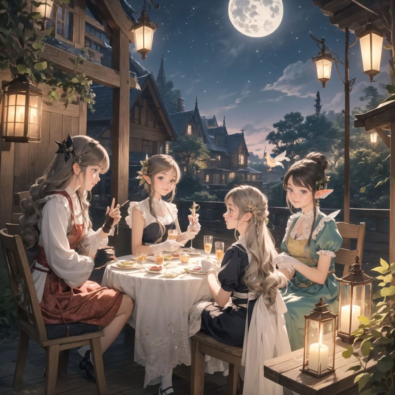 On International Fairy Day, a grand event is taking place in the magical world of fairies, captured in an overhead view. The scene is set under a clear, starry night with a full moon casting a mystical glow. The air is crystal clear, enhancing the magical atmosphere.

In the center, four naive 18-year-old elf girls with blue-grey hair stylishly cut short, delicate hair flow, and deep dark blue-green eyes sparkling with purity, are reminiscing about their childhood. They are dressed in elegant Lolita fashion with black and white lace, intricate patterns, ribbons, and frills, over-the-knee socks, frilly headbands, petticoats for extra volume, lace gloves, aprons with frills, and frilled short boots. They have innocent, youthful expressions with gentle smiles, soft blushing cheeks, and a shy attitude, displaying shy idol smiles. The elves are seated around a rustic wooden table with a small, intricately designed dollhouse from their childhood placed on it, sipping on elegant glasses of elven wine while sharing stories and memories.

Surrounding them, various fairies from different clans have gathered. There are tiny winged pixies with colorful, shimmering wings flitting about, spreading fairy dust and adding to the enchantment of the scene. Tall, elegant fae with flowing gowns and intricate crowns made of flowers and leaves are mingling with the crowd. Mischievous sprites are darting around, playing pranks and making everyone laugh. Graceful nymphs with long, flowing hair are dancing under the moonlight, their movements synchronized with the soft, ethereal music played by fairy musicians.

The entire event is filled with laughter, music, and the glow of magical lights. The fairies are celebrating their unity, sharing their tales, and enjoying the enchanting night. The natural lighting casts soft shadows, highlighting the intricate details of their elegant attire and the delicate textures of their hair and clothes. The image captures the essence of the magical event,