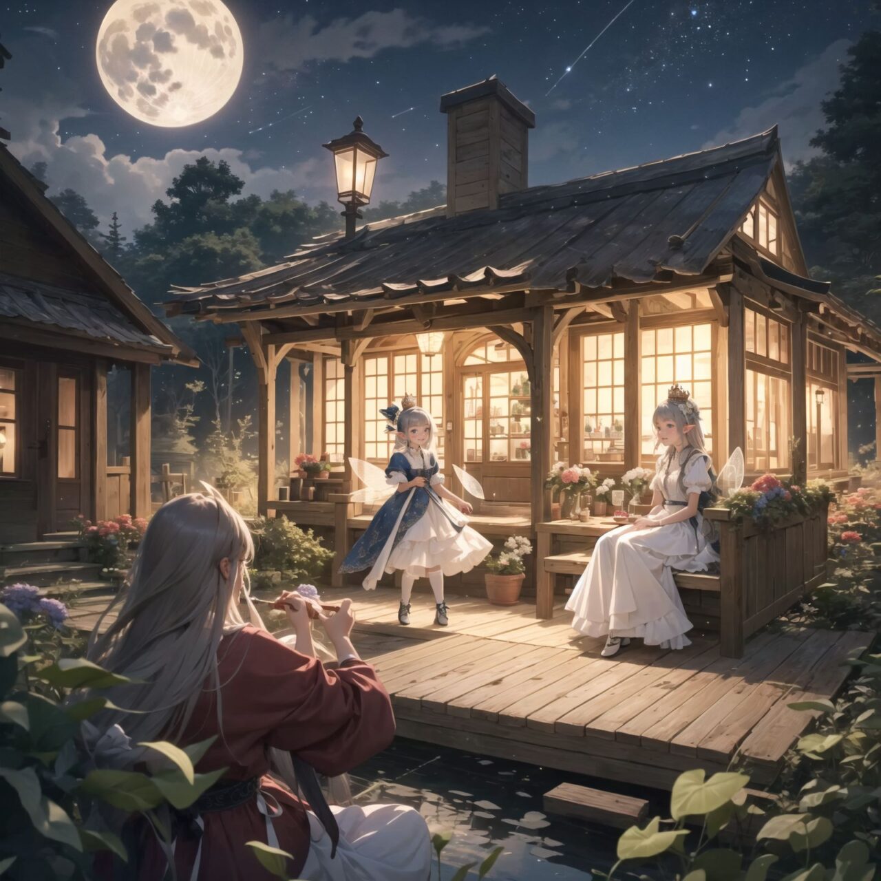 On International Fairy Day, a grand event is taking place in the magical world of fairies, captured in an overhead view. The scene is set under a clear, starry night with a full moon casting a mystical glow. The air is crystal clear, enhancing the magical atmosphere.

In the center, four naive 18-year-old elf girls with blue-grey hair stylishly cut short, delicate hair flow, and deep dark blue-green eyes sparkling with purity, are reminiscing about their childhood. They are dressed in elegant Lolita fashion with black and white lace, intricate patterns, ribbons, and frills, over-the-knee socks, frilly headbands, petticoats for extra volume, lace gloves, aprons with frills, and frilled short boots. They have innocent, youthful expressions with gentle smiles, soft blushing cheeks, and a shy attitude, displaying shy idol smiles. The elves are seated around a rustic wooden table with a small, intricately designed dollhouse from their childhood placed on it, sipping on elegant glasses of elven wine while sharing stories and memories.

Surrounding them, various fairies from different clans have gathered. There are tiny winged pixies with colorful, shimmering wings flitting about, spreading fairy dust and adding to the enchantment of the scene. Tall, elegant fae with flowing gowns and intricate crowns made of flowers and leaves are mingling with the crowd. Mischievous sprites are darting around, playing pranks and making everyone laugh. Graceful nymphs with long, flowing hair are dancing under the moonlight, their movements synchronized with the soft, ethereal music played by fairy musicians.

The entire event is filled with laughter, music, and the glow of magical lights. The fairies are celebrating their unity, sharing their tales, and enjoying the enchanting night. The natural lighting casts soft shadows, highlighting the intricate details of their elegant attire and the delicate textures of their hair and clothes. The image captures the essence of the magical event,