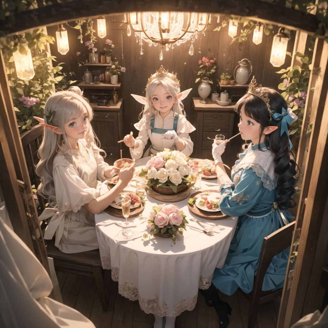 On International Fairy Day, a grand event is taking place in the magical world of fairies, captured in an overhead view. The scene is set under a clear, starry night with a full moon casting a mystical glow. The air is crystal clear, enhancing the magical atmosphere.

In the center, four naive 18-year-old elf girls with blue-grey hair stylishly cut short, delicate hair flow, and deep dark blue-green eyes sparkling with purity, are reminiscing about their childhood. They are dressed in elegant Lolita fashion with black and white lace, intricate patterns, ribbons, and frills, over-the-knee socks, frilly headbands, petticoats for extra volume, lace gloves, aprons with frills, and frilled short boots. They have innocent, youthful expressions with gentle smiles, soft blushing cheeks, and a shy attitude, displaying shy idol smiles. The elves are seated around a rustic wooden table with a small, intricately designed dollhouse from their childhood placed on it, sipping on elegant glasses of elven wine while sharing stories and memories.

Surrounding them, various fairies from different clans have gathered. There are tiny winged pixies with colorful, shimmering wings flitting about, spreading fairy dust and adding to the enchantment of the scene. Tall, elegant fae with flowing gowns and intricate crowns made of flowers and leaves are mingling with the crowd. Mischievous sprites are darting around, playing pranks and making everyone laugh. Graceful nymphs with long, flowing hair are dancing under the moonlight, their movements synchronized with the soft, ethereal music played by fairy musicians.

The entire event is filled with laughter, music, and the glow of magical lights. The fairies are celebrating their unity, sharing their tales, and enjoying the enchanting night. The natural lighting casts soft shadows, highlighting the intricate details of their elegant attire and the delicate textures of their hair and clothes. The image captures the essence of the magical event,