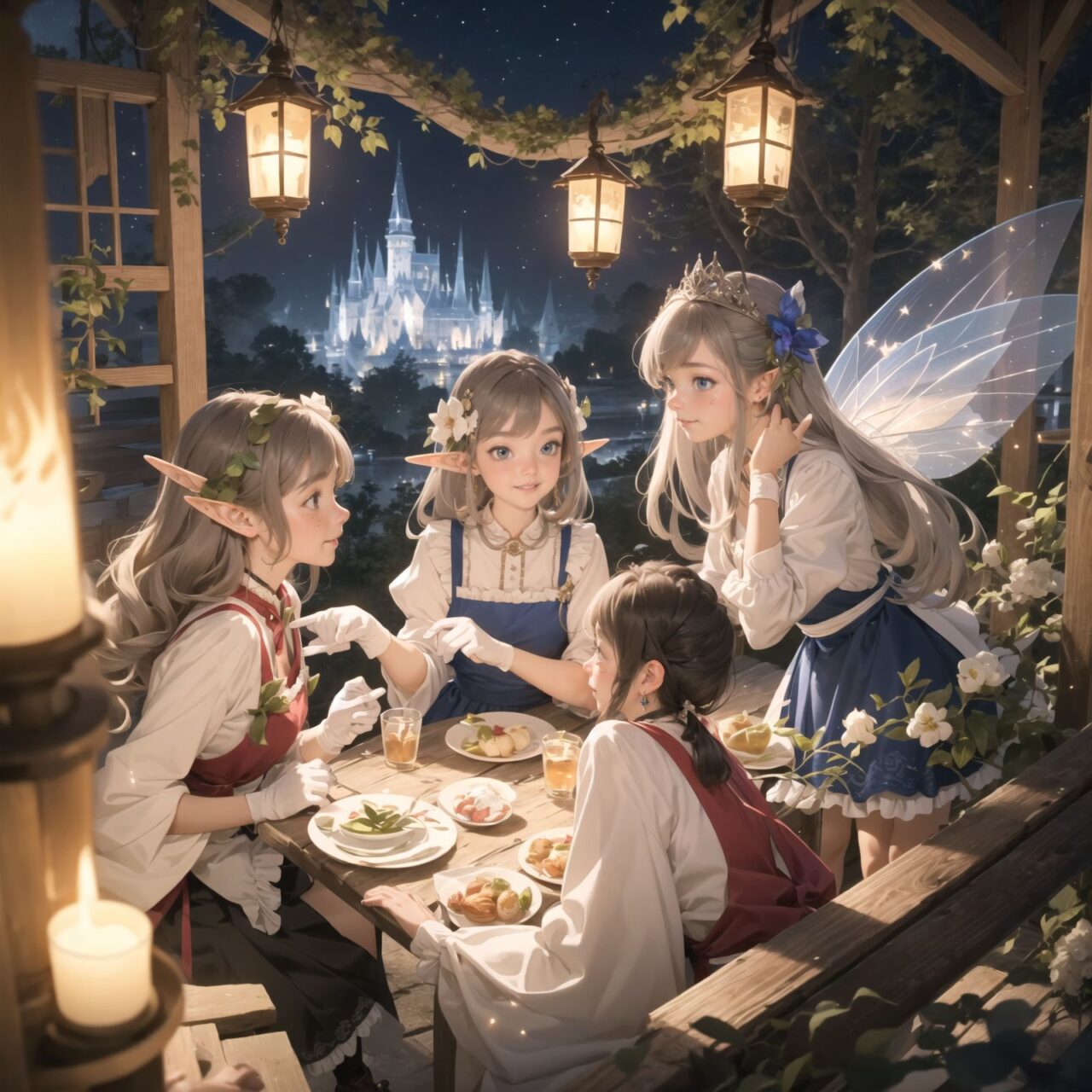 On International Fairy Day, a grand event is taking place in the magical world of fairies, captured in an overhead view. The scene is set under a clear, starry night with a full moon casting a mystical glow. The air is crystal clear, enhancing the magical atmosphere.

In the center, four naive 18-year-old elf girls with blue-grey hair stylishly cut short, delicate hair flow, and deep dark blue-green eyes sparkling with purity, are reminiscing about their childhood. They are dressed in elegant Lolita fashion with black and white lace, intricate patterns, ribbons, and frills, over-the-knee socks, frilly headbands, petticoats for extra volume, lace gloves, aprons with frills, and frilled short boots. They have innocent, youthful expressions with gentle smiles, soft blushing cheeks, and a shy attitude, displaying shy idol smiles. The elves are seated around a rustic wooden table with a small, intricately designed dollhouse from their childhood placed on it, sipping on elegant glasses of elven wine while sharing stories and memories.

Surrounding them, various fairies from different clans have gathered. There are tiny winged pixies with colorful, shimmering wings flitting about, spreading fairy dust and adding to the enchantment of the scene. Tall, elegant fae with flowing gowns and intricate crowns made of flowers and leaves are mingling with the crowd. Mischievous sprites are darting around, playing pranks and making everyone laugh. Graceful nymphs with long, flowing hair are dancing under the moonlight, their movements synchronized with the soft, ethereal music played by fairy musicians.

The entire event is filled with laughter, music, and the glow of magical lights. The fairies are celebrating their unity, sharing their tales, and enjoying the enchanting night. The natural lighting casts soft shadows, highlighting the intricate details of their elegant attire and the delicate textures of their hair and clothes. The image captures the essence of the magical event,