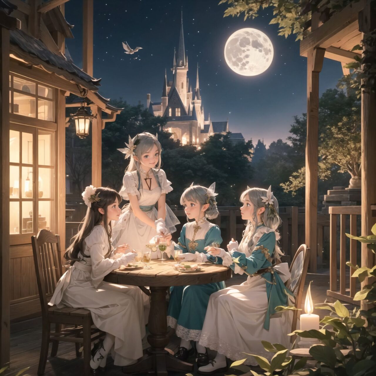 On International Fairy Day, a grand event is taking place in the magical world of fairies, captured in an overhead view. The scene is set under a clear, starry night with a full moon casting a mystical glow. The air is crystal clear, enhancing the magical atmosphere.

In the center, four naive 18-year-old elf girls with blue-grey hair stylishly cut short, delicate hair flow, and deep dark blue-green eyes sparkling with purity, are reminiscing about their childhood. They are dressed in elegant Lolita fashion with black and white lace, intricate patterns, ribbons, and frills, over-the-knee socks, frilly headbands, petticoats for extra volume, lace gloves, aprons with frills, and frilled short boots. They have innocent, youthful expressions with gentle smiles, soft blushing cheeks, and a shy attitude, displaying shy idol smiles. The elves are seated around a rustic wooden table with a small, intricately designed dollhouse from their childhood placed on it, sipping on elegant glasses of elven wine while sharing stories and memories.

Surrounding them, various fairies from different clans have gathered. There are tiny winged pixies with colorful, shimmering wings flitting about, spreading fairy dust and adding to the enchantment of the scene. Tall, elegant fae with flowing gowns and intricate crowns made of flowers and leaves are mingling with the crowd. Mischievous sprites are darting around, playing pranks and making everyone laugh. Graceful nymphs with long, flowing hair are dancing under the moonlight, their movements synchronized with the soft, ethereal music played by fairy musicians.

The entire event is filled with laughter, music, and the glow of magical lights. The fairies are celebrating their unity, sharing their tales, and enjoying the enchanting night. The natural lighting casts soft shadows, highlighting the intricate details of their elegant attire and the delicate textures of their hair and clothes. The image captures the essence of the magical event,