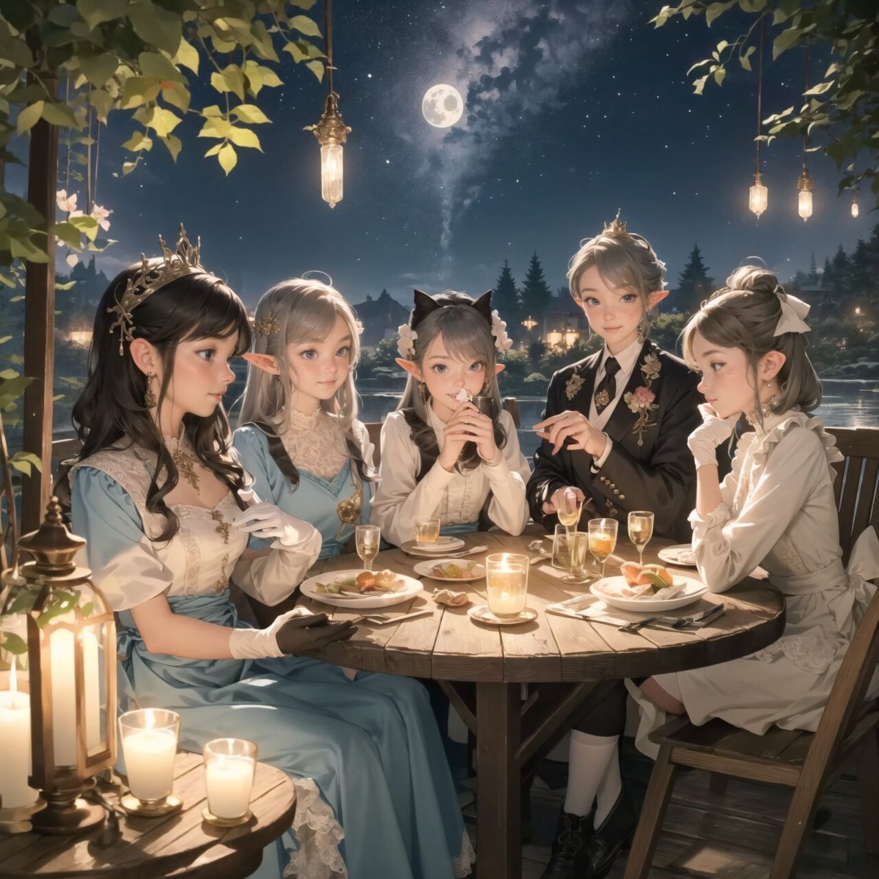 On International Fairy Day, a grand event is taking place in the magical world of fairies, captured in an overhead view. The scene is set under a clear, starry night with a full moon casting a mystical glow. The air is crystal clear, enhancing the magical atmosphere.

In the center, four naive 18-year-old elf girls with blue-grey hair stylishly cut short, delicate hair flow, and deep dark blue-green eyes sparkling with purity, are reminiscing about their childhood. They are dressed in elegant Lolita fashion with black and white lace, intricate patterns, ribbons, and frills, over-the-knee socks, frilly headbands, petticoats for extra volume, lace gloves, aprons with frills, and frilled short boots. They have innocent, youthful expressions with gentle smiles, soft blushing cheeks, and a shy attitude, displaying shy idol smiles. The elves are seated around a rustic wooden table with a small, intricately designed dollhouse from their childhood placed on it, sipping on elegant glasses of elven wine while sharing stories and memories.

Surrounding them, various fairies from different clans have gathered. There are tiny winged pixies with colorful, shimmering wings flitting about, spreading fairy dust and adding to the enchantment of the scene. Tall, elegant fae with flowing gowns and intricate crowns made of flowers and leaves are mingling with the crowd. Mischievous sprites are darting around, playing pranks and making everyone laugh. Graceful nymphs with long, flowing hair are dancing under the moonlight, their movements synchronized with the soft, ethereal music played by fairy musicians.

The entire event is filled with laughter, music, and the glow of magical lights. The fairies are celebrating their unity, sharing their tales, and enjoying the enchanting night. The natural lighting casts soft shadows, highlighting the intricate details of their elegant attire and the delicate textures of their hair and clothes. The image captures the essence of the magical event,