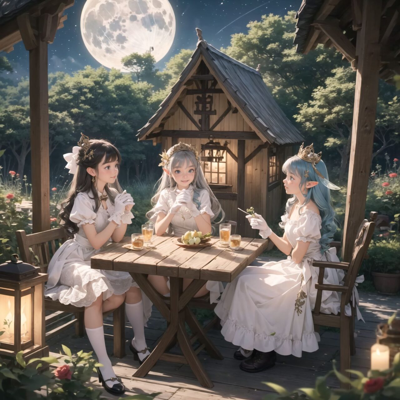 On International Fairy Day, a grand event is taking place in the magical world of fairies, captured in an overhead view. The scene is set under a clear, starry night with a full moon casting a mystical glow. The air is crystal clear, enhancing the magical atmosphere.

In the center, four naive 18-year-old elf girls with blue-grey hair stylishly cut short, delicate hair flow, and deep dark blue-green eyes sparkling with purity, are reminiscing about their childhood. They are dressed in elegant Lolita fashion with black and white lace, intricate patterns, ribbons, and frills, over-the-knee socks, frilly headbands, petticoats for extra volume, lace gloves, aprons with frills, and frilled short boots. They have innocent, youthful expressions with gentle smiles, soft blushing cheeks, and a shy attitude, displaying shy idol smiles. The elves are seated around a rustic wooden table with a small, intricately designed dollhouse from their childhood placed on it, sipping on elegant glasses of elven wine while sharing stories and memories.

Surrounding them, various fairies from different clans have gathered. There are tiny winged pixies with colorful, shimmering wings flitting about, spreading fairy dust and adding to the enchantment of the scene. Tall, elegant fae with flowing gowns and intricate crowns made of flowers and leaves are mingling with the crowd. Mischievous sprites are darting around, playing pranks and making everyone laugh. Graceful nymphs with long, flowing hair are dancing under the moonlight, their movements synchronized with the soft, ethereal music played by fairy musicians.

The entire event is filled with laughter, music, and the glow of magical lights. The fairies are celebrating their unity, sharing their tales, and enjoying the enchanting night. The natural lighting casts soft shadows, highlighting the intricate details of their elegant attire and the delicate textures of their hair and clothes. The image captures the essence of the magical event,