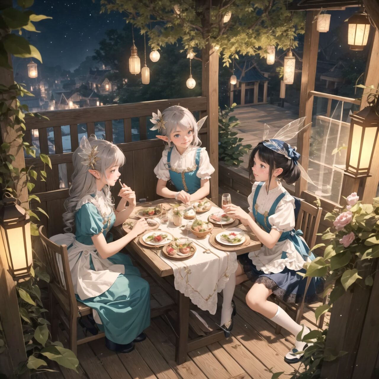 On International Fairy Day, a grand event is taking place in the magical world of fairies, captured in an overhead view. The scene is set under a clear, starry night with a full moon casting a mystical glow. The air is crystal clear, enhancing the magical atmosphere.

In the center, four naive 18-year-old elf girls with blue-grey hair stylishly cut short, delicate hair flow, and deep dark blue-green eyes sparkling with purity, are reminiscing about their childhood. They are dressed in elegant Lolita fashion with black and white lace, intricate patterns, ribbons, and frills, over-the-knee socks, frilly headbands, petticoats for extra volume, lace gloves, aprons with frills, and frilled short boots. They have innocent, youthful expressions with gentle smiles, soft blushing cheeks, and a shy attitude, displaying shy idol smiles. The elves are seated around a rustic wooden table with a small, intricately designed dollhouse from their childhood placed on it, sipping on elegant glasses of elven wine while sharing stories and memories.

Surrounding them, various fairies from different clans have gathered. There are tiny winged pixies with colorful, shimmering wings flitting about, spreading fairy dust and adding to the enchantment of the scene. Tall, elegant fae with flowing gowns and intricate crowns made of flowers and leaves are mingling with the crowd. Mischievous sprites are darting around, playing pranks and making everyone laugh. Graceful nymphs with long, flowing hair are dancing under the moonlight, their movements synchronized with the soft, ethereal music played by fairy musicians.

The entire event is filled with laughter, music, and the glow of magical lights. The fairies are celebrating their unity, sharing their tales, and enjoying the enchanting night. The natural lighting casts soft shadows, highlighting the intricate details of their elegant attire and the delicate textures of their hair and clothes. The image captures the essence of the magical event,