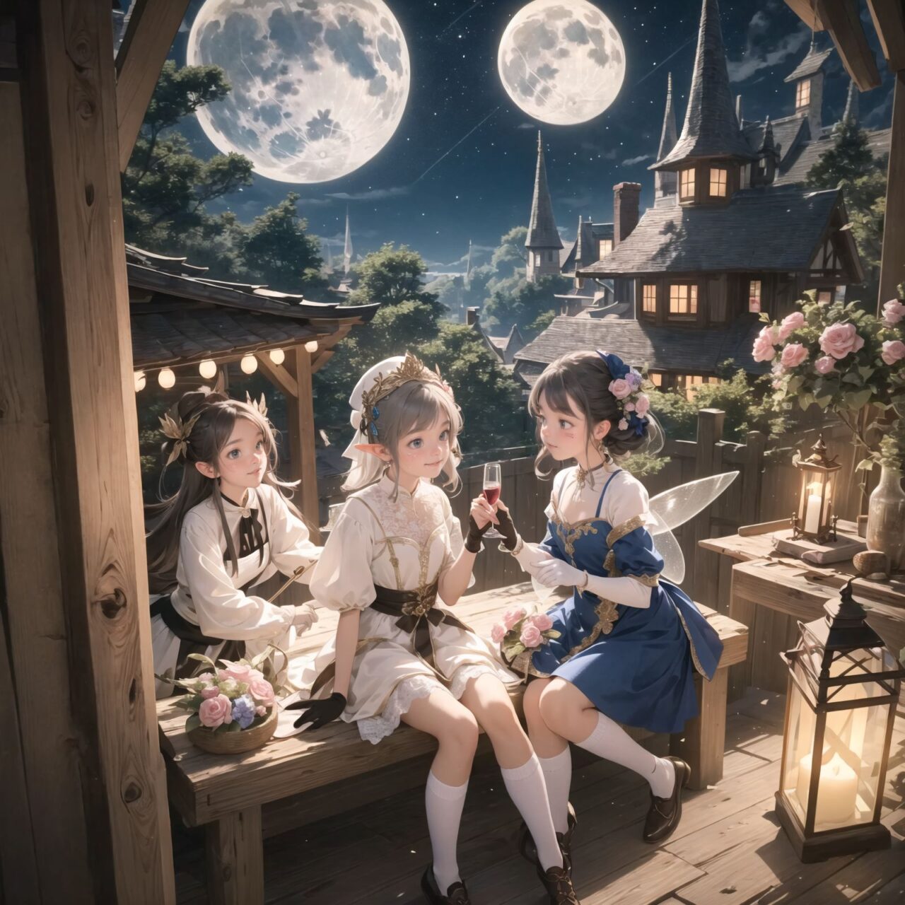 On International Fairy Day, a grand event is taking place in the magical world of fairies, captured in an overhead view. The scene is set under a clear, starry night with a full moon casting a mystical glow. The air is crystal clear, enhancing the magical atmosphere.

In the center, four naive 18-year-old elf girls with blue-grey hair stylishly cut short, delicate hair flow, and deep dark blue-green eyes sparkling with purity, are reminiscing about their childhood. They are dressed in elegant Lolita fashion with black and white lace, intricate patterns, ribbons, and frills, over-the-knee socks, frilly headbands, petticoats for extra volume, lace gloves, aprons with frills, and frilled short boots. They have innocent, youthful expressions with gentle smiles, soft blushing cheeks, and a shy attitude, displaying shy idol smiles. The elves are seated around a rustic wooden table with a small, intricately designed dollhouse from their childhood placed on it, sipping on elegant glasses of elven wine while sharing stories and memories.

Surrounding them, various fairies from different clans have gathered. There are tiny winged pixies with colorful, shimmering wings flitting about, spreading fairy dust and adding to the enchantment of the scene. Tall, elegant fae with flowing gowns and intricate crowns made of flowers and leaves are mingling with the crowd. Mischievous sprites are darting around, playing pranks and making everyone laugh. Graceful nymphs with long, flowing hair are dancing under the moonlight, their movements synchronized with the soft, ethereal music played by fairy musicians.

The entire event is filled with laughter, music, and the glow of magical lights. The fairies are celebrating their unity, sharing their tales, and enjoying the enchanting night. The natural lighting casts soft shadows, highlighting the intricate details of their elegant attire and the delicate textures of their hair and clothes. The image captures the essence of the magical event,