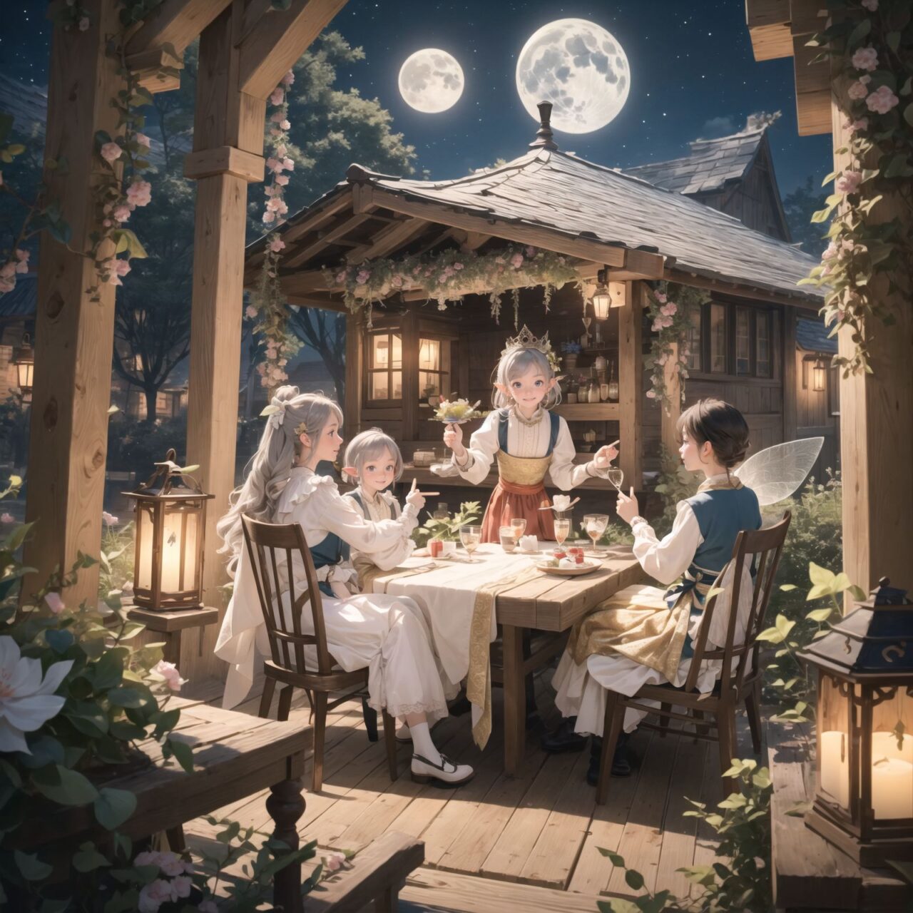 On International Fairy Day, a grand event is taking place in the magical world of fairies, captured in an overhead view. The scene is set under a clear, starry night with a full moon casting a mystical glow. The air is crystal clear, enhancing the magical atmosphere.

In the center, four naive 18-year-old elf girls with blue-grey hair stylishly cut short, delicate hair flow, and deep dark blue-green eyes sparkling with purity, are reminiscing about their childhood. They are dressed in elegant Lolita fashion with black and white lace, intricate patterns, ribbons, and frills, over-the-knee socks, frilly headbands, petticoats for extra volume, lace gloves, aprons with frills, and frilled short boots. They have innocent, youthful expressions with gentle smiles, soft blushing cheeks, and a shy attitude, displaying shy idol smiles. The elves are seated around a rustic wooden table with a small, intricately designed dollhouse from their childhood placed on it, sipping on elegant glasses of elven wine while sharing stories and memories.

Surrounding them, various fairies from different clans have gathered. There are tiny winged pixies with colorful, shimmering wings flitting about, spreading fairy dust and adding to the enchantment of the scene. Tall, elegant fae with flowing gowns and intricate crowns made of flowers and leaves are mingling with the crowd. Mischievous sprites are darting around, playing pranks and making everyone laugh. Graceful nymphs with long, flowing hair are dancing under the moonlight, their movements synchronized with the soft, ethereal music played by fairy musicians.

The entire event is filled with laughter, music, and the glow of magical lights. The fairies are celebrating their unity, sharing their tales, and enjoying the enchanting night. The natural lighting casts soft shadows, highlighting the intricate details of their elegant attire and the delicate textures of their hair and clothes. The image captures the essence of the magical event,