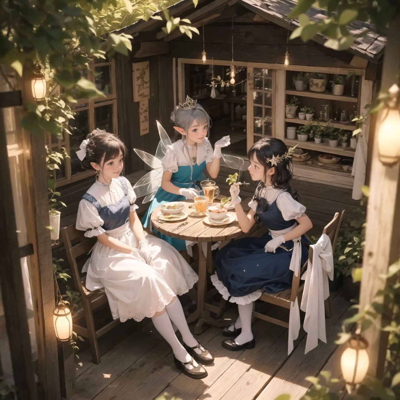 On International Fairy Day, a grand event is taking place in the magical world of fairies, captured in an overhead view. The scene is set under a clear, starry night with a full moon casting a mystical glow. The air is crystal clear, enhancing the magical atmosphere.

In the center, four naive 18-year-old elf girls with blue-grey hair stylishly cut short, delicate hair flow, and deep dark blue-green eyes sparkling with purity, are reminiscing about their childhood. They are dressed in elegant Lolita fashion with black and white lace, intricate patterns, ribbons, and frills, over-the-knee socks, frilly headbands, petticoats for extra volume, lace gloves, aprons with frills, and frilled short boots. They have innocent, youthful expressions with gentle smiles, soft blushing cheeks, and a shy attitude, displaying shy idol smiles. The elves are seated around a rustic wooden table with a small, intricately designed dollhouse from their childhood placed on it, sipping on elegant glasses of elven wine while sharing stories and memories.

Surrounding them, various fairies from different clans have gathered. There are tiny winged pixies with colorful, shimmering wings flitting about, spreading fairy dust and adding to the enchantment of the scene. Tall, elegant fae with flowing gowns and intricate crowns made of flowers and leaves are mingling with the crowd. Mischievous sprites are darting around, playing pranks and making everyone laugh. Graceful nymphs with long, flowing hair are dancing under the moonlight, their movements synchronized with the soft, ethereal music played by fairy musicians.

The entire event is filled with laughter, music, and the glow of magical lights. The fairies are celebrating their unity, sharing their tales, and enjoying the enchanting night. The natural lighting casts soft shadows, highlighting the intricate details of their elegant attire and the delicate textures of their hair and clothes. The image captures the essence of the magical event,