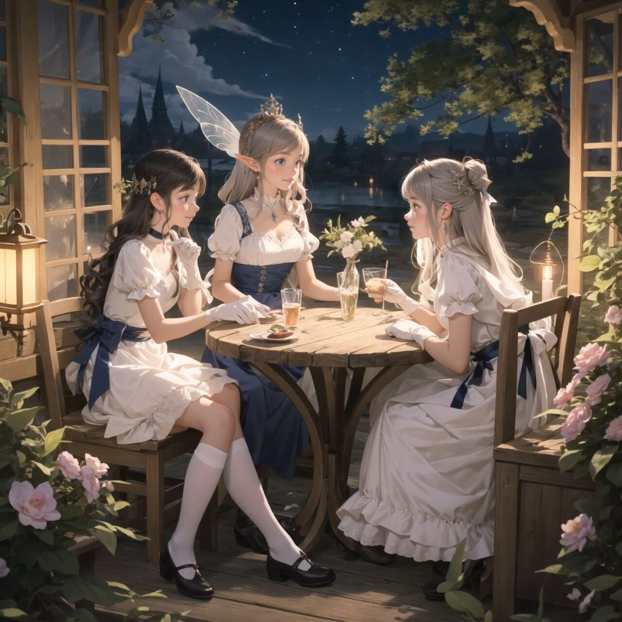 On International Fairy Day, a grand event is taking place in the magical world of fairies, captured in an overhead view. The scene is set under a clear, starry night with a full moon casting a mystical glow. The air is crystal clear, enhancing the magical atmosphere.

In the center, four naive 18-year-old elf girls with blue-grey hair stylishly cut short, delicate hair flow, and deep dark blue-green eyes sparkling with purity, are reminiscing about their childhood. They are dressed in elegant Lolita fashion with black and white lace, intricate patterns, ribbons, and frills, over-the-knee socks, frilly headbands, petticoats for extra volume, lace gloves, aprons with frills, and frilled short boots. They have innocent, youthful expressions with gentle smiles, soft blushing cheeks, and a shy attitude, displaying shy idol smiles. The elves are seated around a rustic wooden table with a small, intricately designed dollhouse from their childhood placed on it, sipping on elegant glasses of elven wine while sharing stories and memories.

Surrounding them, various fairies from different clans have gathered. There are tiny winged pixies with colorful, shimmering wings flitting about, spreading fairy dust and adding to the enchantment of the scene. Tall, elegant fae with flowing gowns and intricate crowns made of flowers and leaves are mingling with the crowd. Mischievous sprites are darting around, playing pranks and making everyone laugh. Graceful nymphs with long, flowing hair are dancing under the moonlight, their movements synchronized with the soft, ethereal music played by fairy musicians.

The entire event is filled with laughter, music, and the glow of magical lights. The fairies are celebrating their unity, sharing their tales, and enjoying the enchanting night. The natural lighting casts soft shadows, highlighting the intricate details of their elegant attire and the delicate textures of their hair and clothes. The image captures the essence of the magical event,