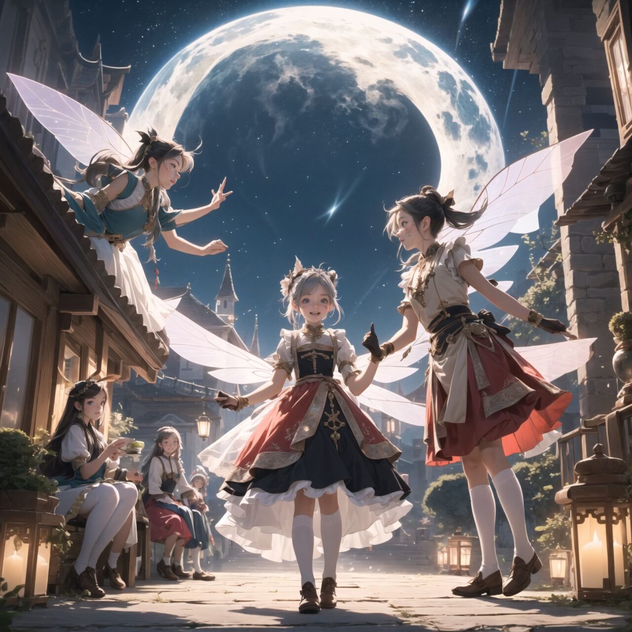 On International Fairy Day, a grand event is taking place in the magical world of fairies, captured in an overhead view. The scene is set under a clear, starry night with a full moon casting a mystical glow. The air is crystal clear, enhancing the magical atmosphere.

In the center, four naive 18-year-old elf girls with blue-grey hair stylishly cut short, delicate hair flow, and deep dark blue-green eyes sparkling with purity, They are dressed in elegant Lolita fashion with black and white lace, intricate patterns, ribbons, and frills, over-the-knee socks, frilly headbands, petticoats for extra volume, lace gloves, aprons with frills, and frilled short boots. They have innocent, youthful expressions with gentle smiles, displaying shy idol smiles. 


Surrounding them, various fairies and mystical creatures from different clans have gathered, creating a vibrant and diverse scene. 

- **Pixies**: Tiny and mischievous fairies, common in British and Irish folklore, flit about with colorful, shimmering wings, spreading fairy dust and adding to the enchantment of the event.
- **Gnomes**: Small creatures deeply connected with minerals and plants, often found in gardens, are mingling among the guests, their presence adding a touch of earthy magic.
- **Sylphs**: Graceful and beautiful air spirits from Renaissance Europe float elegantly above the gathering, their ethereal forms illuminated by the moonlight.
- **Dwarves**: Skilled in metal and gem crafting, these small beings from Norse mythology are present, showcasing their intricate works and adding a sense of craftsmanship to the event.
- **Trolls**: Large and powerful creatures from Norse mythology, often depicted as fearsome, but here in a more comical and friendly manner, interacting with the guests and providing an element of strength and protection.
- **Succubi and Incubi**: These demonic beings from medieval European folklore, known for their seductive nature, are subtly blending in, their presence adding a mysterious allure to the night.
- **Mermaids**: Half-human, half-fish beings known for their enchanting voices, are present near a magical water feature, singing beautifully and mesmerizing the attendees.
- **Dragons**: Mighty and fire-breathing creatures from Asian and European mythology, are seen in the background, their majestic forms adding grandeur and a sense of awe to the celebration.

The entire event is filled with laughter, music, and the glow of magical lights. The fairies are celebrating their unity, sharing their tales, and enjoying the enchanting night. The natural lighting casts soft shadows, highlighting the intricate details of their elegant attire and the delicate textures of their hair and clothes.