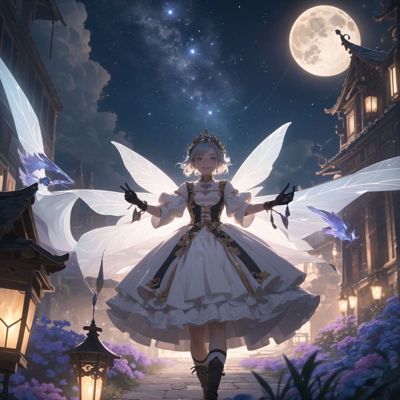 On International Fairy Day, a grand event is taking place in the magical world of fairies, captured in an overhead view. The scene is set under a clear, starry night with a full moon casting a mystical glow. The air is crystal clear, enhancing the magical atmosphere.

In the center, four naive 18-year-old elf girls with blue-grey hair stylishly cut short, delicate hair flow, and deep dark blue-green eyes sparkling with purity, They are dressed in elegant Lolita fashion with black and white lace, intricate patterns, ribbons, and frills, over-the-knee socks, frilly headbands, petticoats for extra volume, lace gloves, aprons with frills, and frilled short boots. They have innocent, youthful expressions with gentle smiles, displaying shy idol smiles. 


Surrounding them, various fairies and mystical creatures from different clans have gathered, creating a vibrant and diverse scene. 

- **Pixies**: Tiny and mischievous fairies, common in British and Irish folklore, flit about with colorful, shimmering wings, spreading fairy dust and adding to the enchantment of the event.
- **Gnomes**: Small creatures deeply connected with minerals and plants, often found in gardens, are mingling among the guests, their presence adding a touch of earthy magic.
- **Sylphs**: Graceful and beautiful air spirits from Renaissance Europe float elegantly above the gathering, their ethereal forms illuminated by the moonlight.
- **Dwarves**: Skilled in metal and gem crafting, these small beings from Norse mythology are present, showcasing their intricate works and adding a sense of craftsmanship to the event.
- **Trolls**: Large and powerful creatures from Norse mythology, often depicted as fearsome, but here in a more comical and friendly manner, interacting with the guests and providing an element of strength and protection.
- **Succubi and Incubi**: These demonic beings from medieval European folklore, known for their seductive nature, are subtly blending in, their presence adding a mysterious allure to the night.
- **Mermaids**: Half-human, half-fish beings known for their enchanting voices, are present near a magical water feature, singing beautifully and mesmerizing the attendees.
- **Dragons**: Mighty and fire-breathing creatures from Asian and European mythology, are seen in the background, their majestic forms adding grandeur and a sense of awe to the celebration.

The entire event is filled with laughter, music, and the glow of magical lights. The fairies are celebrating their unity, sharing their tales, and enjoying the enchanting night. The natural lighting casts soft shadows, highlighting the intricate details of their elegant attire and the delicate textures of their hair and clothes.