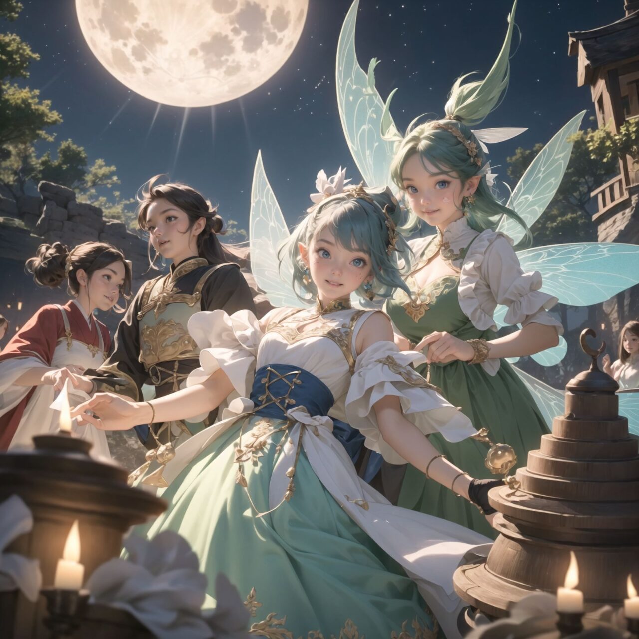 On International Fairy Day, a grand event is taking place in the magical world of fairies, captured in an overhead view. The scene is set under a clear, starry night with a full moon casting a mystical glow. The air is crystal clear, enhancing the magical atmosphere.

In the center, four naive 18-year-old elf girls with blue-grey hair stylishly cut short, delicate hair flow, and deep dark blue-green eyes sparkling with purity, They are dressed in elegant Lolita fashion with black and white lace, intricate patterns, ribbons, and frills, over-the-knee socks, frilly headbands, petticoats for extra volume, lace gloves, aprons with frills, and frilled short boots. They have innocent, youthful expressions with gentle smiles, displaying shy idol smiles. 


Surrounding them, various fairies and mystical creatures from different clans have gathered, creating a vibrant and diverse scene. 

- **Pixies**: Tiny and mischievous fairies, common in British and Irish folklore, flit about with colorful, shimmering wings, spreading fairy dust and adding to the enchantment of the event.
- **Gnomes**: Small creatures deeply connected with minerals and plants, often found in gardens, are mingling among the guests, their presence adding a touch of earthy magic.
- **Sylphs**: Graceful and beautiful air spirits from Renaissance Europe float elegantly above the gathering, their ethereal forms illuminated by the moonlight.
- **Dwarves**: Skilled in metal and gem crafting, these small beings from Norse mythology are present, showcasing their intricate works and adding a sense of craftsmanship to the event.
- **Trolls**: Large and powerful creatures from Norse mythology, often depicted as fearsome, but here in a more comical and friendly manner, interacting with the guests and providing an element of strength and protection.
- **Succubi and Incubi**: These demonic beings from medieval European folklore, known for their seductive nature, are subtly blending in, their presence adding a mysterious allure to the night.
- **Mermaids**: Half-human, half-fish beings known for their enchanting voices, are present near a magical water feature, singing beautifully and mesmerizing the attendees.
- **Dragons**: Mighty and fire-breathing creatures from Asian and European mythology, are seen in the background, their majestic forms adding grandeur and a sense of awe to the celebration.

The entire event is filled with laughter, music, and the glow of magical lights. The fairies are celebrating their unity, sharing their tales, and enjoying the enchanting night. The natural lighting casts soft shadows, highlighting the intricate details of their elegant attire and the delicate textures of their hair and clothes.