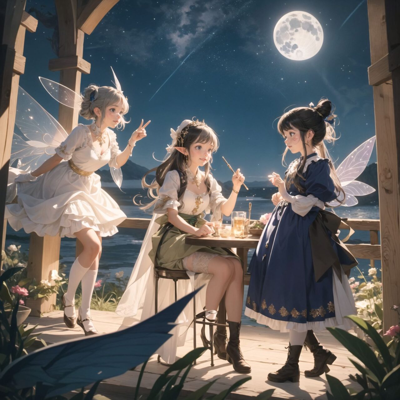 On International Fairy Day, a grand event is taking place in the magical world of fairies, captured in an overhead view. The scene is set under a clear, starry night with a full moon casting a mystical glow. The air is crystal clear, enhancing the magical atmosphere.

In the center, four naive 18-year-old elf girls with blue-grey hair stylishly cut short, delicate hair flow, and deep dark blue-green eyes sparkling with purity, They are dressed in elegant Lolita fashion with black and white lace, intricate patterns, ribbons, and frills, over-the-knee socks, frilly headbands, petticoats for extra volume, lace gloves, aprons with frills, and frilled short boots. They have innocent, youthful expressions with gentle smiles, displaying shy idol smiles. 


Surrounding them, various fairies and mystical creatures from different clans have gathered, creating a vibrant and diverse scene. 

- **Pixies**: Tiny and mischievous fairies, common in British and Irish folklore, flit about with colorful, shimmering wings, spreading fairy dust and adding to the enchantment of the event.
- **Gnomes**: Small creatures deeply connected with minerals and plants, often found in gardens, are mingling among the guests, their presence adding a touch of earthy magic.
- **Sylphs**: Graceful and beautiful air spirits from Renaissance Europe float elegantly above the gathering, their ethereal forms illuminated by the moonlight.
- **Dwarves**: Skilled in metal and gem crafting, these small beings from Norse mythology are present, showcasing their intricate works and adding a sense of craftsmanship to the event.
- **Trolls**: Large and powerful creatures from Norse mythology, often depicted as fearsome, but here in a more comical and friendly manner, interacting with the guests and providing an element of strength and protection.
- **Succubi and Incubi**: These demonic beings from medieval European folklore, known for their seductive nature, are subtly blending in, their presence adding a mysterious allure to the night.
- **Mermaids**: Half-human, half-fish beings known for their enchanting voices, are present near a magical water feature, singing beautifully and mesmerizing the attendees.
- **Dragons**: Mighty and fire-breathing creatures from Asian and European mythology, are seen in the background, their majestic forms adding grandeur and a sense of awe to the celebration.

The entire event is filled with laughter, music, and the glow of magical lights. The fairies are celebrating their unity, sharing their tales, and enjoying the enchanting night. The natural lighting casts soft shadows, highlighting the intricate details of their elegant attire and the delicate textures of their hair and clothes.