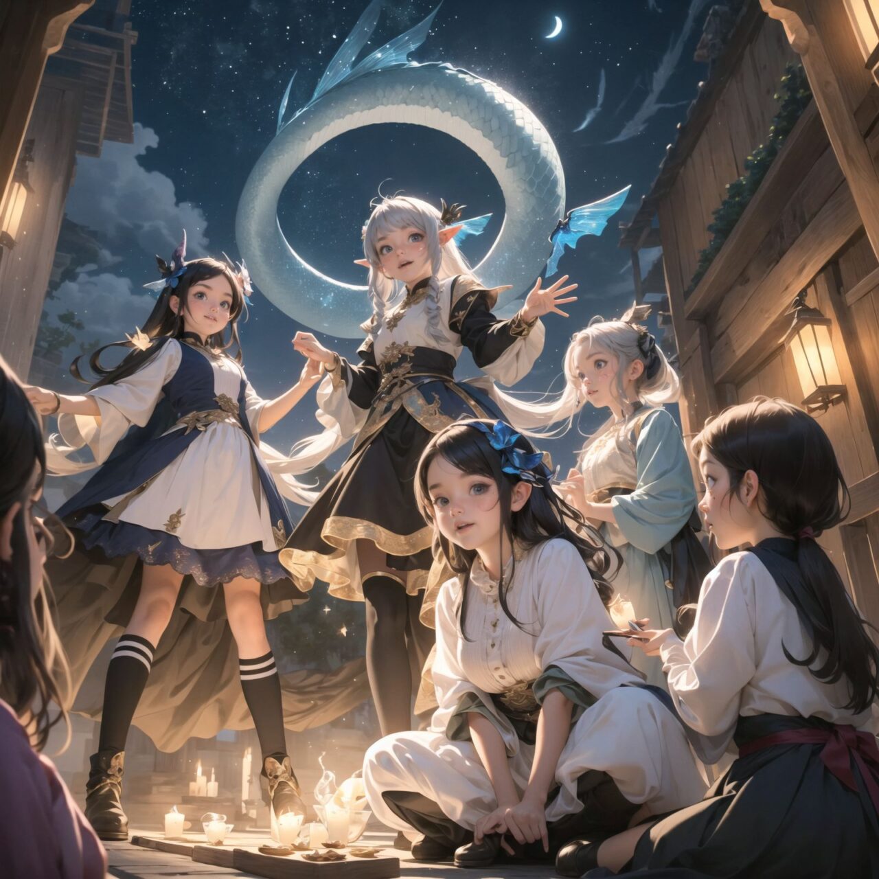 On International Fairy Day, a grand event is taking place in the magical world of fairies, captured in an overhead view. The scene is set under a clear, starry night with a full moon casting a mystical glow. The air is crystal clear, enhancing the magical atmosphere.

In the center, four naive 18-year-old elf girls with blue-grey hair stylishly cut short, delicate hair flow, and deep dark blue-green eyes sparkling with purity, They are dressed in elegant Lolita fashion with black and white lace, intricate patterns, ribbons, and frills, over-the-knee socks, frilly headbands, petticoats for extra volume, lace gloves, aprons with frills, and frilled short boots. They have innocent, youthful expressions with gentle smiles, displaying shy idol smiles. 


Surrounding them, various fairies and mystical creatures from different clans have gathered, creating a vibrant and diverse scene. 

- **Pixies**: Tiny and mischievous fairies, common in British and Irish folklore, flit about with colorful, shimmering wings, spreading fairy dust and adding to the enchantment of the event.
- **Gnomes**: Small creatures deeply connected with minerals and plants, often found in gardens, are mingling among the guests, their presence adding a touch of earthy magic.
- **Sylphs**: Graceful and beautiful air spirits from Renaissance Europe float elegantly above the gathering, their ethereal forms illuminated by the moonlight.
- **Dwarves**: Skilled in metal and gem crafting, these small beings from Norse mythology are present, showcasing their intricate works and adding a sense of craftsmanship to the event.
- **Trolls**: Large and powerful creatures from Norse mythology, often depicted as fearsome, but here in a more comical and friendly manner, interacting with the guests and providing an element of strength and protection.
- **Succubi and Incubi**: These demonic beings from medieval European folklore, known for their seductive nature, are subtly blending in, their presence adding a mysterious allure to the night.
- **Mermaids**: Half-human, half-fish beings known for their enchanting voices, are present near a magical water feature, singing beautifully and mesmerizing the attendees.
- **Dragons**: Mighty and fire-breathing creatures from Asian and European mythology, are seen in the background, their majestic forms adding grandeur and a sense of awe to the celebration.

The entire event is filled with laughter, music, and the glow of magical lights. The fairies are celebrating their unity, sharing their tales, and enjoying the enchanting night. The natural lighting casts soft shadows, highlighting the intricate details of their elegant attire and the delicate textures of their hair and clothes.