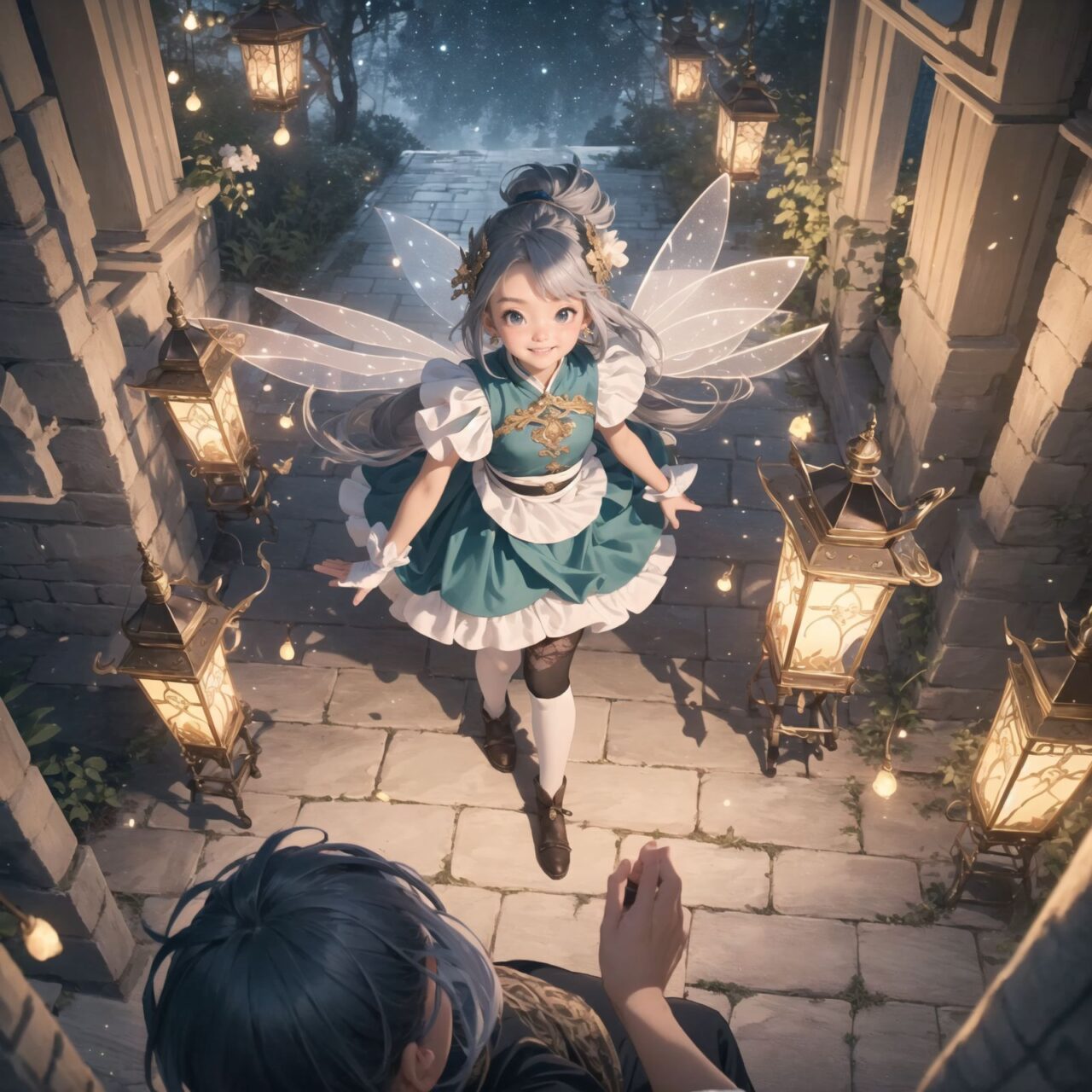 On International Fairy Day, a grand event is taking place in the magical world of fairies, 

(captured in an overhead view:1.6), 

The scene is set under a clear, starry night with a full moon casting a mystical glow. The air is crystal clear, enhancing the magical atmosphere.

In the center, four naive 18-year-old elf girls with blue-grey hair stylishly cut short, delicate hair flow, and deep dark blue-green eyes sparkling with purity, They are dressed in elegant Lolita fashion with black and white lace, intricate patterns, ribbons, and frills, over-the-knee socks, frilly headbands, petticoats for extra volume, lace gloves, aprons with frills, and frilled short boots. They have innocent, youthful expressions with gentle smiles, displaying shy idol smiles. 


Surrounding them, various fairies and mystical creatures from different clans have gathered, creating a vibrant and diverse scene. 

- **Pixies**: Tiny and mischievous fairies, common in British and Irish folklore, flit about with colorful, shimmering wings, spreading fairy dust and adding to the enchantment of the event.
- **Gnomes**: Small creatures deeply connected with minerals and plants, often found in gardens, are mingling among the guests, their presence adding a touch of earthy magic.
- **Sylphs**: Graceful and beautiful air spirits from Renaissance Europe float elegantly above the gathering, their ethereal forms illuminated by the moonlight.
- **Dwarves**: Skilled in metal and gem crafting, these small beings from Norse mythology are present, showcasing their intricate works and adding a sense of craftsmanship to the event.
- **Trolls**: Large and powerful creatures from Norse mythology, often depicted as fearsome, but here in a more comical and friendly manner, interacting with the guests and providing an element of strength and protection.
- **Succubi and Incubi**: These demonic beings from medieval European folklore, known for their seductive nature, are subtly blending in, their presence adding a mysterious allure to the night.
- **Mermaids**: Half-human, half-fish beings known for their enchanting voices, are present near a magical water feature, singing beautifully and mesmerizing the attendees.
- **Dragons**: Mighty and fire-breathing creatures from Asian and European mythology, are seen in the background, their majestic forms adding grandeur and a sense of awe to the celebration.

The entire event is filled with laughter, music, and the glow of magical lights. The fairies are celebrating their unity, sharing their tales, and enjoying the enchanting night. The natural lighting casts soft shadows, highlighting the intricate details of their elegant attire and the delicate textures of their hair and clothes.