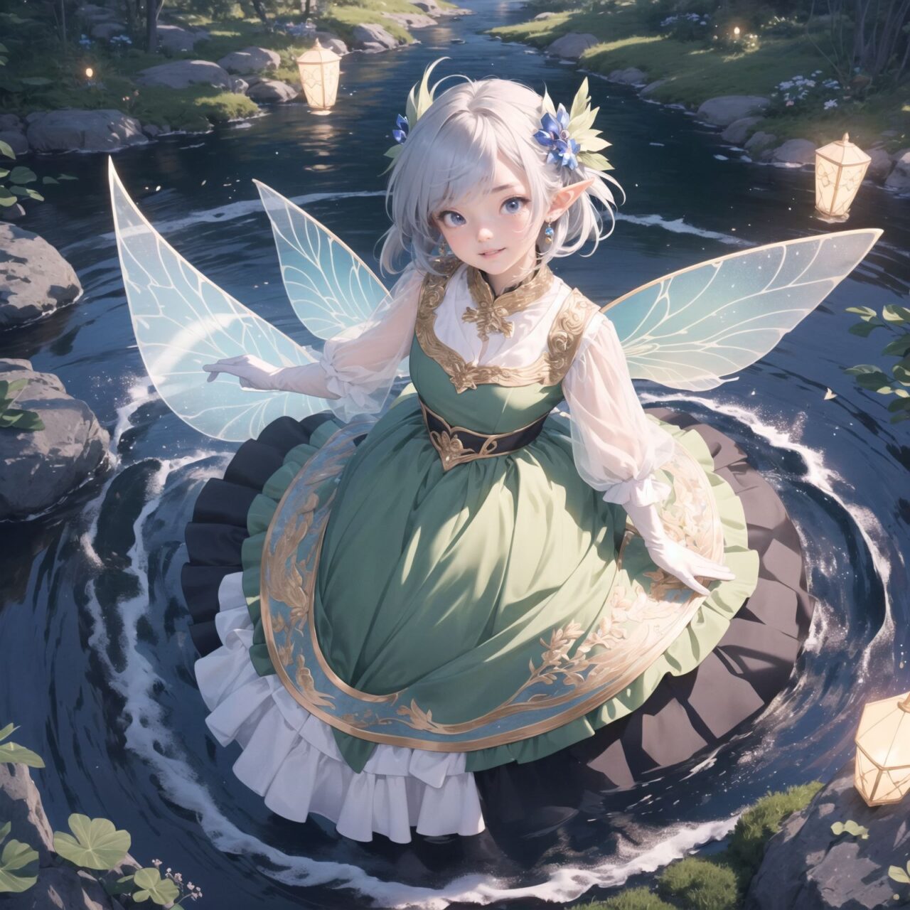 On International Fairy Day, a grand event is taking place in the magical world of fairies, 

(captured in an overhead view:1.6), 

The scene is set under a clear, starry night with a full moon casting a mystical glow. The air is crystal clear, enhancing the magical atmosphere.

In the center, four naive 18-year-old elf girls with blue-grey hair stylishly cut short, delicate hair flow, and deep dark blue-green eyes sparkling with purity, They are dressed in elegant Lolita fashion with black and white lace, intricate patterns, ribbons, and frills, over-the-knee socks, frilly headbands, petticoats for extra volume, lace gloves, aprons with frills, and frilled short boots. They have innocent, youthful expressions with gentle smiles, displaying shy idol smiles. 


Surrounding them, various fairies and mystical creatures from different clans have gathered, creating a vibrant and diverse scene. 

- **Pixies**: Tiny and mischievous fairies, common in British and Irish folklore, flit about with colorful, shimmering wings, spreading fairy dust and adding to the enchantment of the event.
- **Gnomes**: Small creatures deeply connected with minerals and plants, often found in gardens, are mingling among the guests, their presence adding a touch of earthy magic.
- **Sylphs**: Graceful and beautiful air spirits from Renaissance Europe float elegantly above the gathering, their ethereal forms illuminated by the moonlight.
- **Dwarves**: Skilled in metal and gem crafting, these small beings from Norse mythology are present, showcasing their intricate works and adding a sense of craftsmanship to the event.
- **Trolls**: Large and powerful creatures from Norse mythology, often depicted as fearsome, but here in a more comical and friendly manner, interacting with the guests and providing an element of strength and protection.
- **Succubi and Incubi**: These demonic beings from medieval European folklore, known for their seductive nature, are subtly blending in, their presence adding a mysterious allure to the night.
- **Mermaids**: Half-human, half-fish beings known for their enchanting voices, are present near a magical water feature, singing beautifully and mesmerizing the attendees.
- **Dragons**: Mighty and fire-breathing creatures from Asian and European mythology, are seen in the background, their majestic forms adding grandeur and a sense of awe to the celebration.

The entire event is filled with laughter, music, and the glow of magical lights. The fairies are celebrating their unity, sharing their tales, and enjoying the enchanting night. The natural lighting casts soft shadows, highlighting the intricate details of their elegant attire and the delicate textures of their hair and clothes.