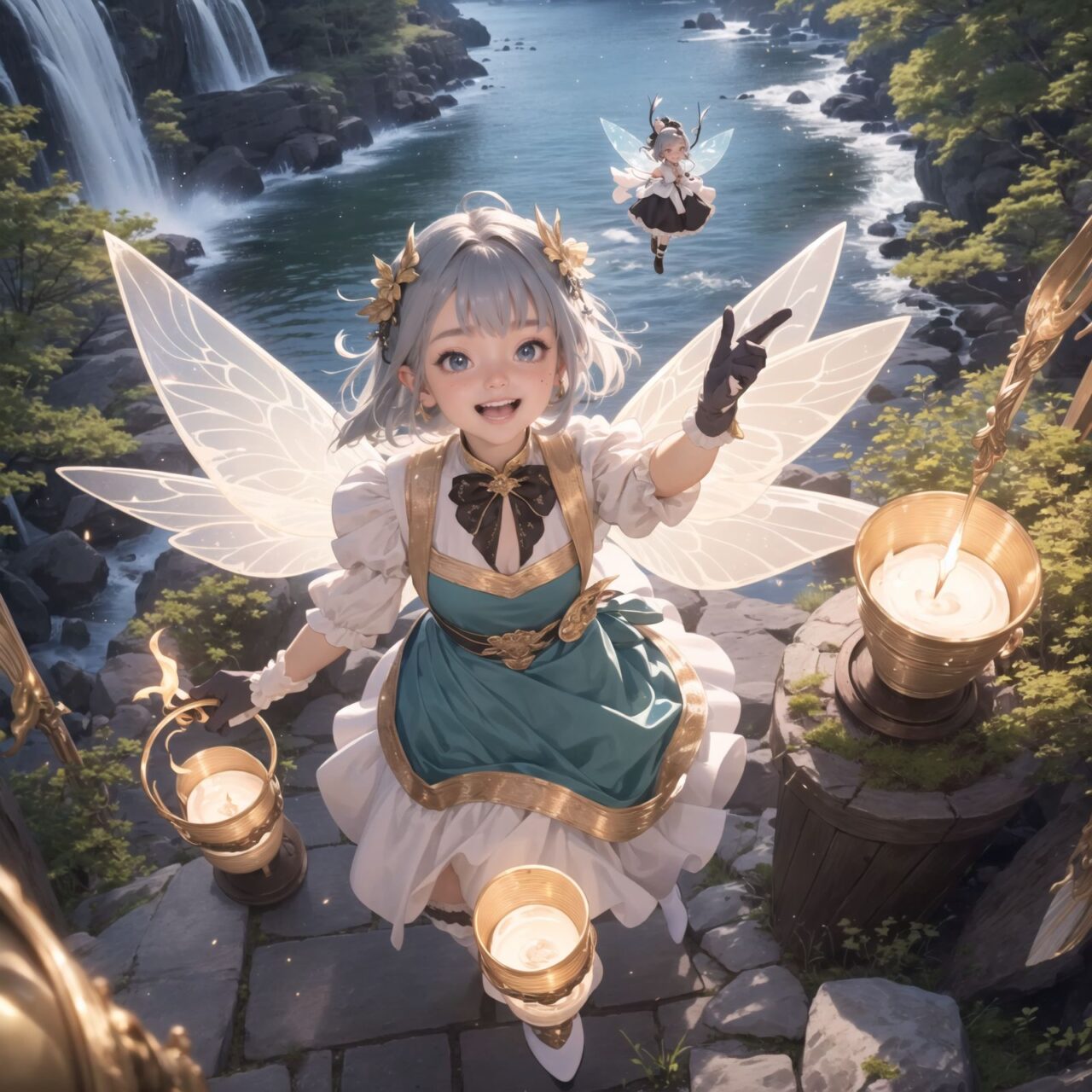 On International Fairy Day, a grand event is taking place in the magical world of fairies, 

(captured in an overhead view:1.6), 

The scene is set under a clear, starry night with a full moon casting a mystical glow. The air is crystal clear, enhancing the magical atmosphere.

In the center, four naive 18-year-old elf girls with blue-grey hair stylishly cut short, delicate hair flow, and deep dark blue-green eyes sparkling with purity, They are dressed in elegant Lolita fashion with black and white lace, intricate patterns, ribbons, and frills, over-the-knee socks, frilly headbands, petticoats for extra volume, lace gloves, aprons with frills, and frilled short boots. They have innocent, youthful expressions with gentle smiles, displaying shy idol smiles. 


Surrounding them, various fairies and mystical creatures from different clans have gathered, creating a vibrant and diverse scene. 

- **Pixies**: Tiny and mischievous fairies, common in British and Irish folklore, flit about with colorful, shimmering wings, spreading fairy dust and adding to the enchantment of the event.
- **Gnomes**: Small creatures deeply connected with minerals and plants, often found in gardens, are mingling among the guests, their presence adding a touch of earthy magic.
- **Sylphs**: Graceful and beautiful air spirits from Renaissance Europe float elegantly above the gathering, their ethereal forms illuminated by the moonlight.
- **Dwarves**: Skilled in metal and gem crafting, these small beings from Norse mythology are present, showcasing their intricate works and adding a sense of craftsmanship to the event.
- **Trolls**: Large and powerful creatures from Norse mythology, often depicted as fearsome, but here in a more comical and friendly manner, interacting with the guests and providing an element of strength and protection.
- **Succubi and Incubi**: These demonic beings from medieval European folklore, known for their seductive nature, are subtly blending in, their presence adding a mysterious allure to the night.
- **Mermaids**: Half-human, half-fish beings known for their enchanting voices, are present near a magical water feature, singing beautifully and mesmerizing the attendees.
- **Dragons**: Mighty and fire-breathing creatures from Asian and European mythology, are seen in the background, their majestic forms adding grandeur and a sense of awe to the celebration.

The entire event is filled with laughter, music, and the glow of magical lights. The fairies are celebrating their unity, sharing their tales, and enjoying the enchanting night. The natural lighting casts soft shadows, highlighting the intricate details of their elegant attire and the delicate textures of their hair and clothes.