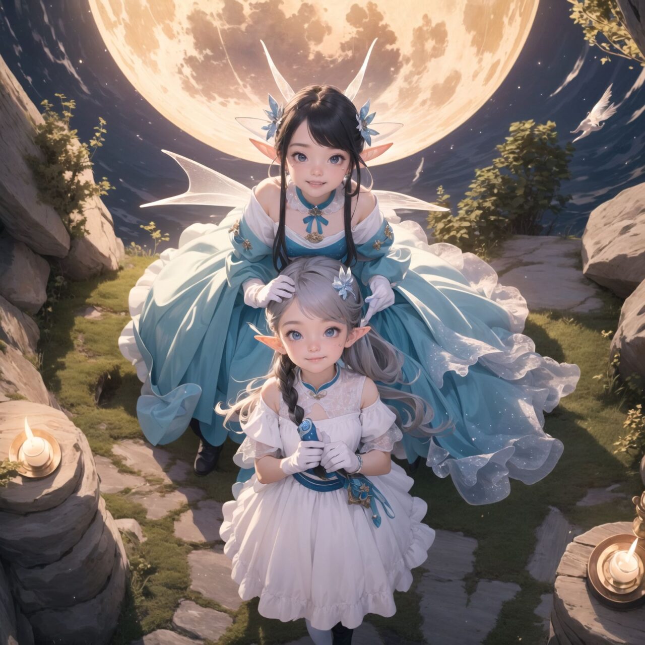 On International Fairy Day, a grand event is taking place in the magical world of fairies, 

(captured in an overhead view:1.6), 

The scene is set under a clear, starry night with a full moon casting a mystical glow. The air is crystal clear, enhancing the magical atmosphere.

In the center, four naive 18-year-old elf girls with blue-grey hair stylishly cut short, delicate hair flow, and deep dark blue-green eyes sparkling with purity, They are dressed in elegant Lolita fashion with black and white lace, intricate patterns, ribbons, and frills, over-the-knee socks, frilly headbands, petticoats for extra volume, lace gloves, aprons with frills, and frilled short boots. They have innocent, youthful expressions with gentle smiles, displaying shy idol smiles. 


Surrounding them, various fairies and mystical creatures from different clans have gathered, creating a vibrant and diverse scene. 

- **Pixies**: Tiny and mischievous fairies, common in British and Irish folklore, flit about with colorful, shimmering wings, spreading fairy dust and adding to the enchantment of the event.
- **Gnomes**: Small creatures deeply connected with minerals and plants, often found in gardens, are mingling among the guests, their presence adding a touch of earthy magic.
- **Sylphs**: Graceful and beautiful air spirits from Renaissance Europe float elegantly above the gathering, their ethereal forms illuminated by the moonlight.
- **Dwarves**: Skilled in metal and gem crafting, these small beings from Norse mythology are present, showcasing their intricate works and adding a sense of craftsmanship to the event.
- **Trolls**: Large and powerful creatures from Norse mythology, often depicted as fearsome, but here in a more comical and friendly manner, interacting with the guests and providing an element of strength and protection.
- **Succubi and Incubi**: These demonic beings from medieval European folklore, known for their seductive nature, are subtly blending in, their presence adding a mysterious allure to the night.
- **Mermaids**: Half-human, half-fish beings known for their enchanting voices, are present near a magical water feature, singing beautifully and mesmerizing the attendees.
- **Dragons**: Mighty and fire-breathing creatures from Asian and European mythology, are seen in the background, their majestic forms adding grandeur and a sense of awe to the celebration.

The entire event is filled with laughter, music, and the glow of magical lights. The fairies are celebrating their unity, sharing their tales, and enjoying the enchanting night. The natural lighting casts soft shadows, highlighting the intricate details of their elegant attire and the delicate textures of their hair and clothes.