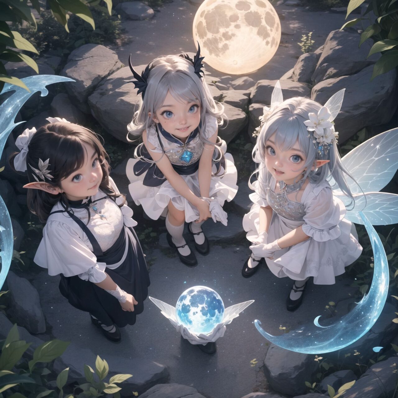 On International Fairy Day, a grand event is taking place in the magical world of fairies, 

(captured in an overhead view:1.6), 

The scene is set under a clear, starry night with a full moon casting a mystical glow. The air is crystal clear, enhancing the magical atmosphere.

In the center, four naive 18-year-old elf girls with blue-grey hair stylishly cut short, delicate hair flow, and deep dark blue-green eyes sparkling with purity, They are dressed in elegant Lolita fashion with black and white lace, intricate patterns, ribbons, and frills, over-the-knee socks, frilly headbands, petticoats for extra volume, lace gloves, aprons with frills, and frilled short boots. They have innocent, youthful expressions with gentle smiles, displaying shy idol smiles. 


Surrounding them, various fairies and mystical creatures from different clans have gathered, creating a vibrant and diverse scene. 

- **Pixies**: Tiny and mischievous fairies, common in British and Irish folklore, flit about with colorful, shimmering wings, spreading fairy dust and adding to the enchantment of the event.
- **Gnomes**: Small creatures deeply connected with minerals and plants, often found in gardens, are mingling among the guests, their presence adding a touch of earthy magic.
- **Sylphs**: Graceful and beautiful air spirits from Renaissance Europe float elegantly above the gathering, their ethereal forms illuminated by the moonlight.
- **Dwarves**: Skilled in metal and gem crafting, these small beings from Norse mythology are present, showcasing their intricate works and adding a sense of craftsmanship to the event.
- **Trolls**: Large and powerful creatures from Norse mythology, often depicted as fearsome, but here in a more comical and friendly manner, interacting with the guests and providing an element of strength and protection.
- **Succubi and Incubi**: These demonic beings from medieval European folklore, known for their seductive nature, are subtly blending in, their presence adding a mysterious allure to the night.
- **Mermaids**: Half-human, half-fish beings known for their enchanting voices, are present near a magical water feature, singing beautifully and mesmerizing the attendees.
- **Dragons**: Mighty and fire-breathing creatures from Asian and European mythology, are seen in the background, their majestic forms adding grandeur and a sense of awe to the celebration.

The entire event is filled with laughter, music, and the glow of magical lights. The fairies are celebrating their unity, sharing their tales, and enjoying the enchanting night. The natural lighting casts soft shadows, highlighting the intricate details of their elegant attire and the delicate textures of their hair and clothes.